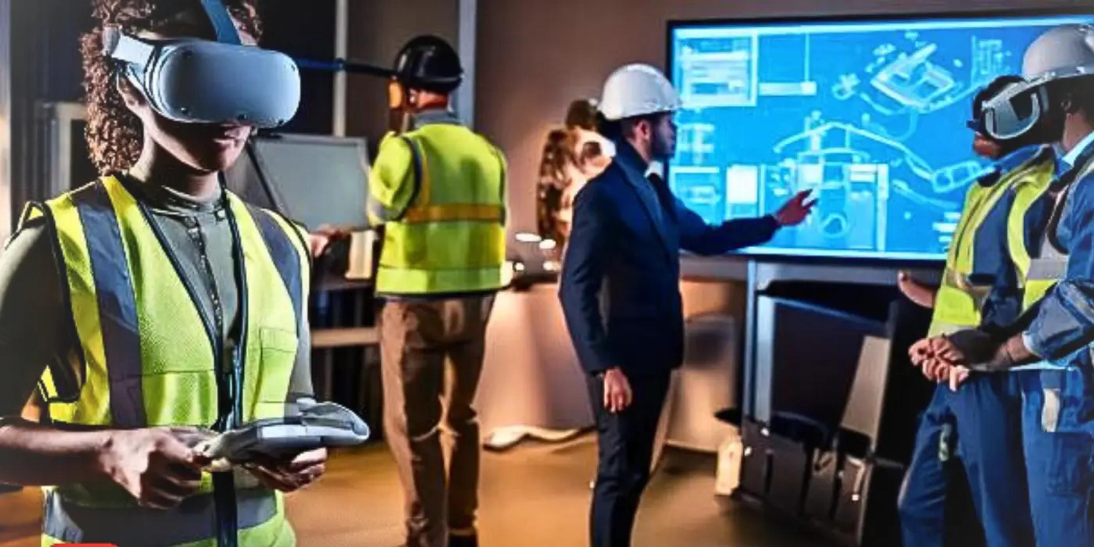 Beschäftigte mit VR-Brillen und Warnwesten in einer Schulung; ein Trainer erklärt eine Anlagengrafik auf einem großen Bildschirm.