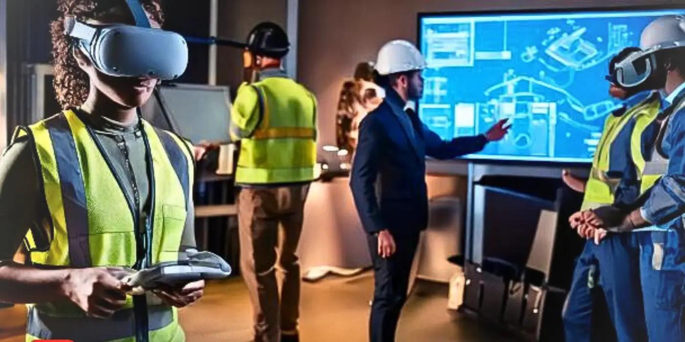 Beschäftigte mit VR-Brillen und Warnwesten in einer Schulung; ein Trainer erklärt eine Anlagengrafik auf einem großen Bildschirm.