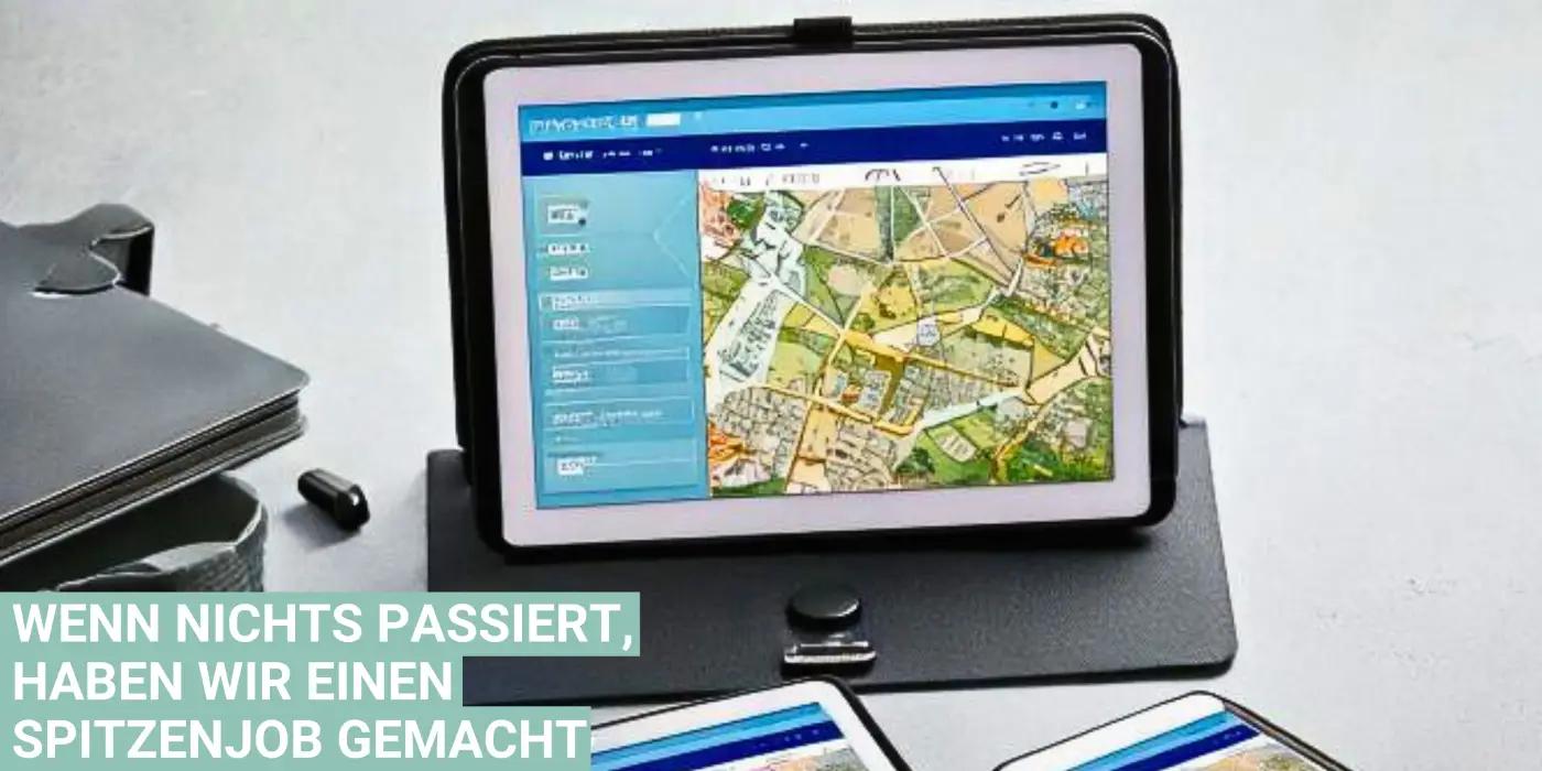 Tablet mit geöffneter Lageplan-Anwendung auf einem Schreibtisch, daneben zwei weitere Geräte. Eingeblendeter Text: Wenn nichts passiert, haben wir einen Spitzenjob gemacht.