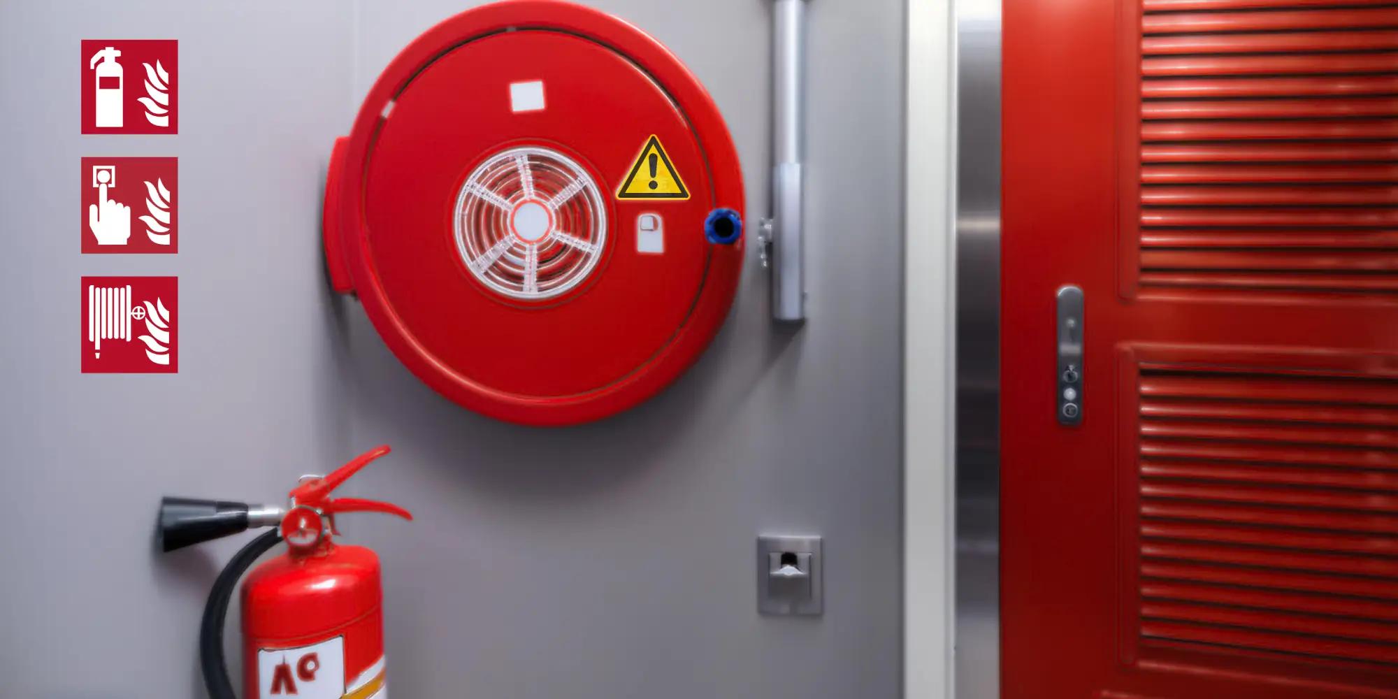 Feuerlöscher und Wandhaspel mit Löschschlauch neben einer roten Brandschutztür; links die Brandschutzzeichen für Feuerlöscher, Brandmelder und Löschschlauch.