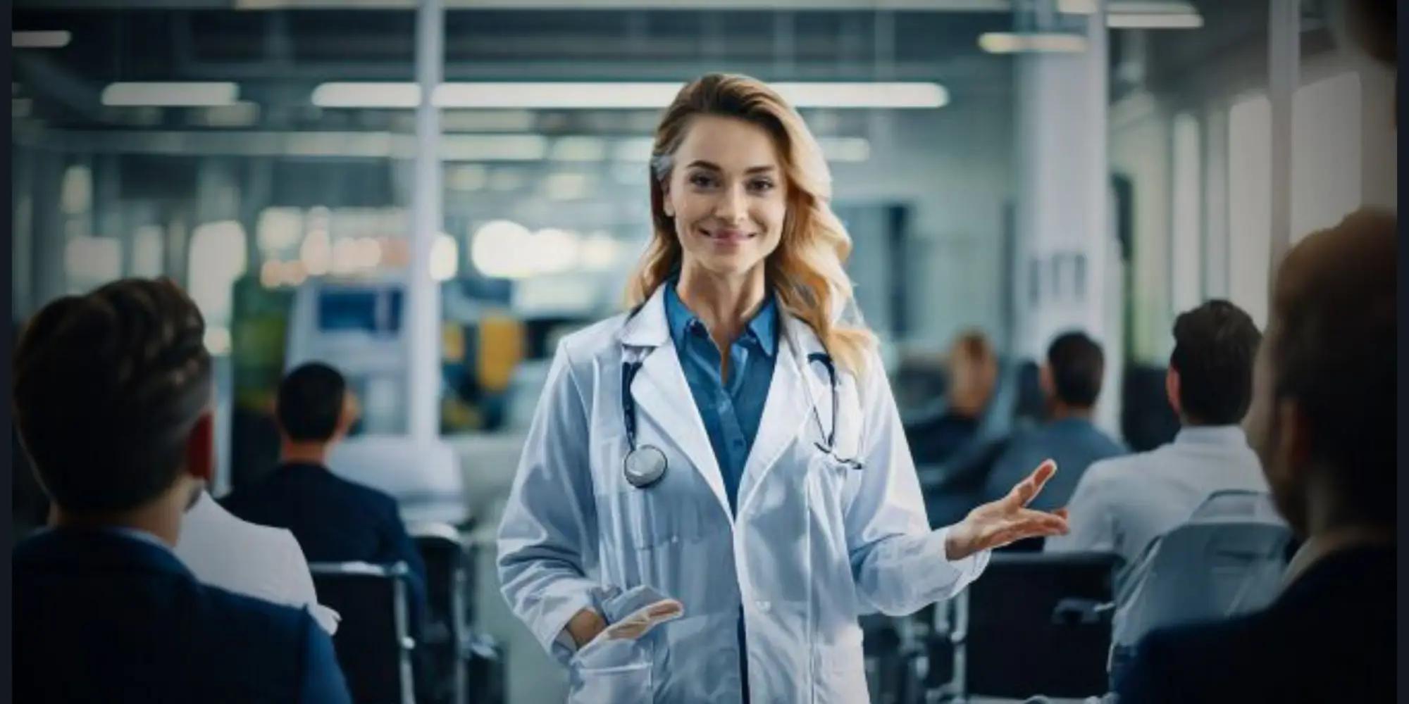 Ärztin mit Stethoskop spricht vor sitzenden Beschäftigten in einem Betrieb.