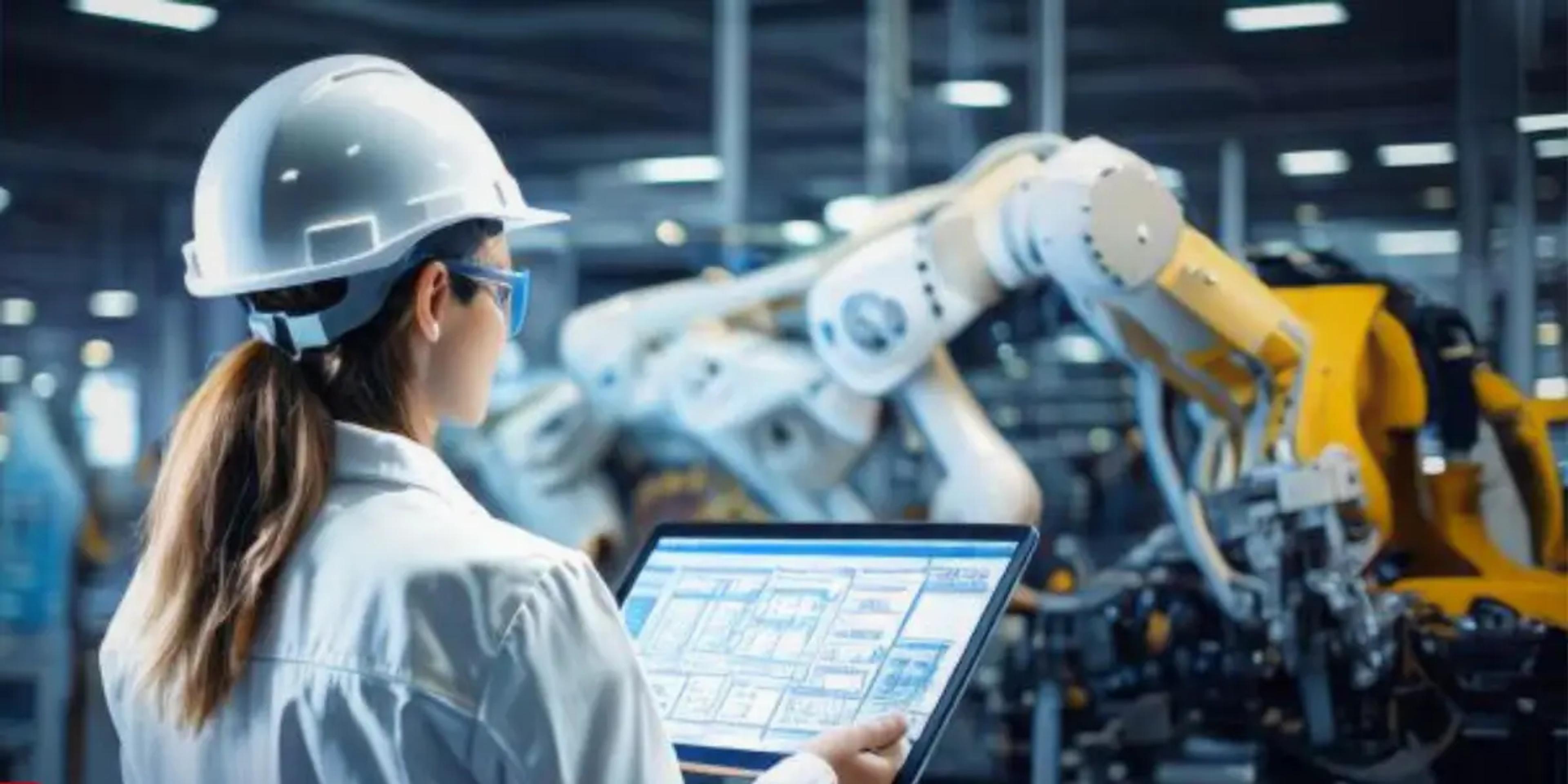 Frau mit Schutzhelm und Schutzbrille prüft Anlagendaten auf einem Tablet, im Hintergrund Industrieroboter in einer Fertigungshalle.