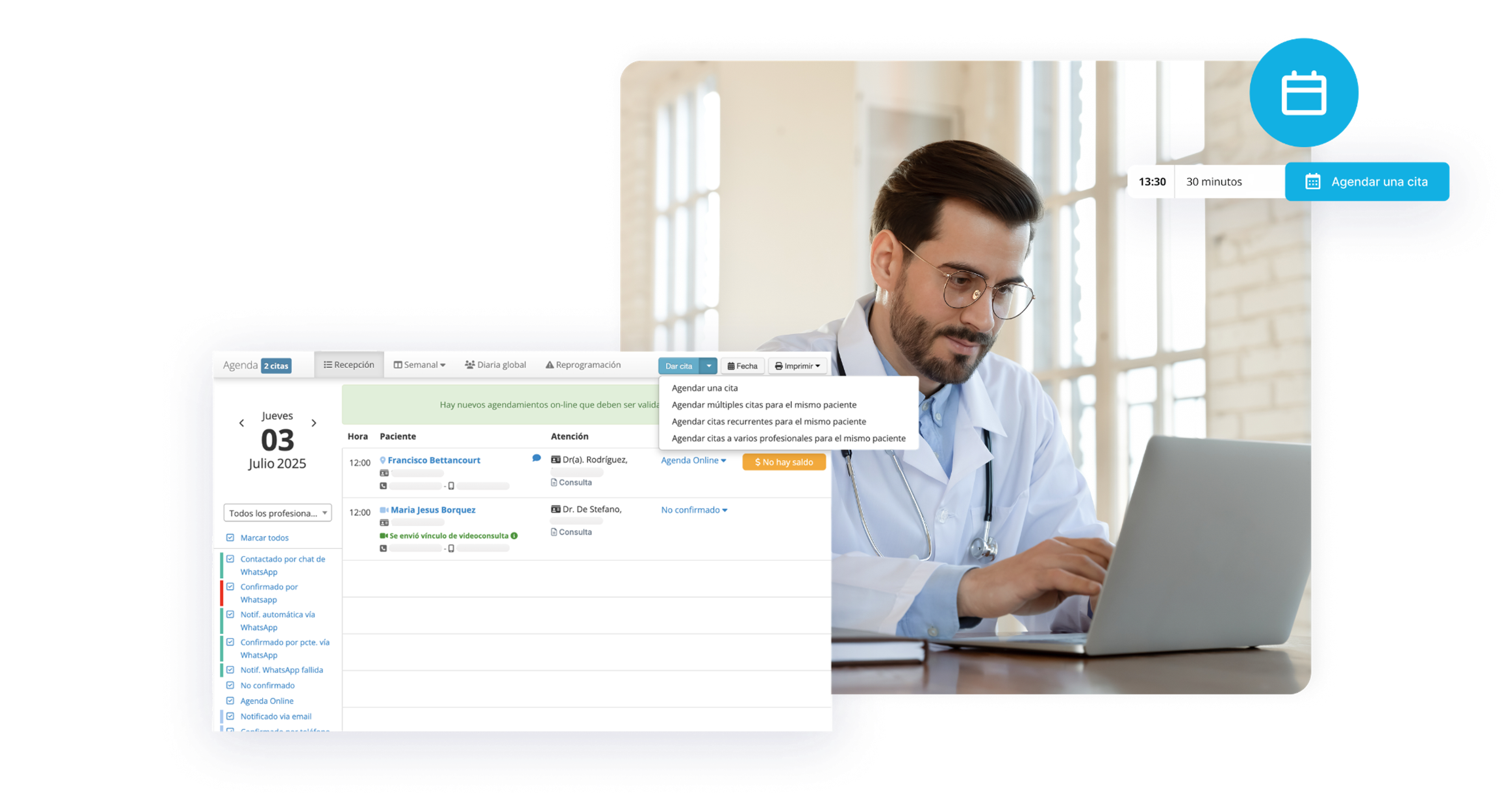Software de agenda médica Medilink — vista de la interfaz de agenda