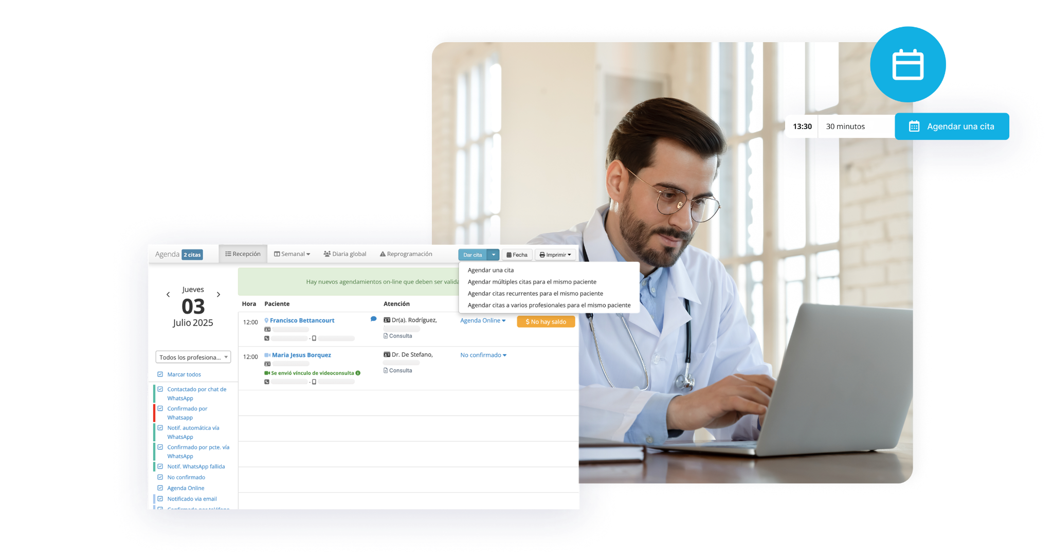 Software de agenda médica Medilink — vista de la interfaz de agenda