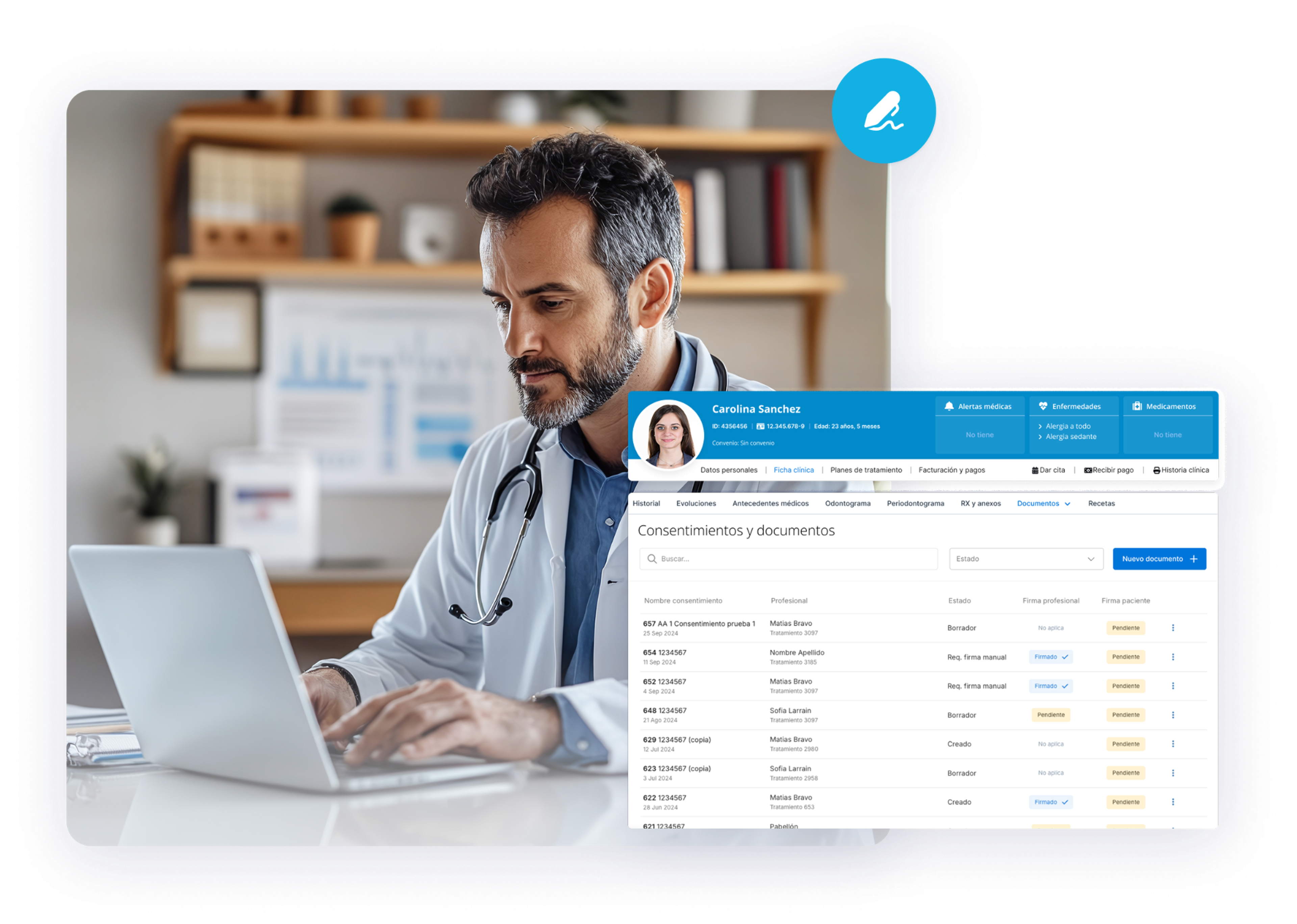 Médico firmando documentos clínicos digitalmente desde Medilink sin papel