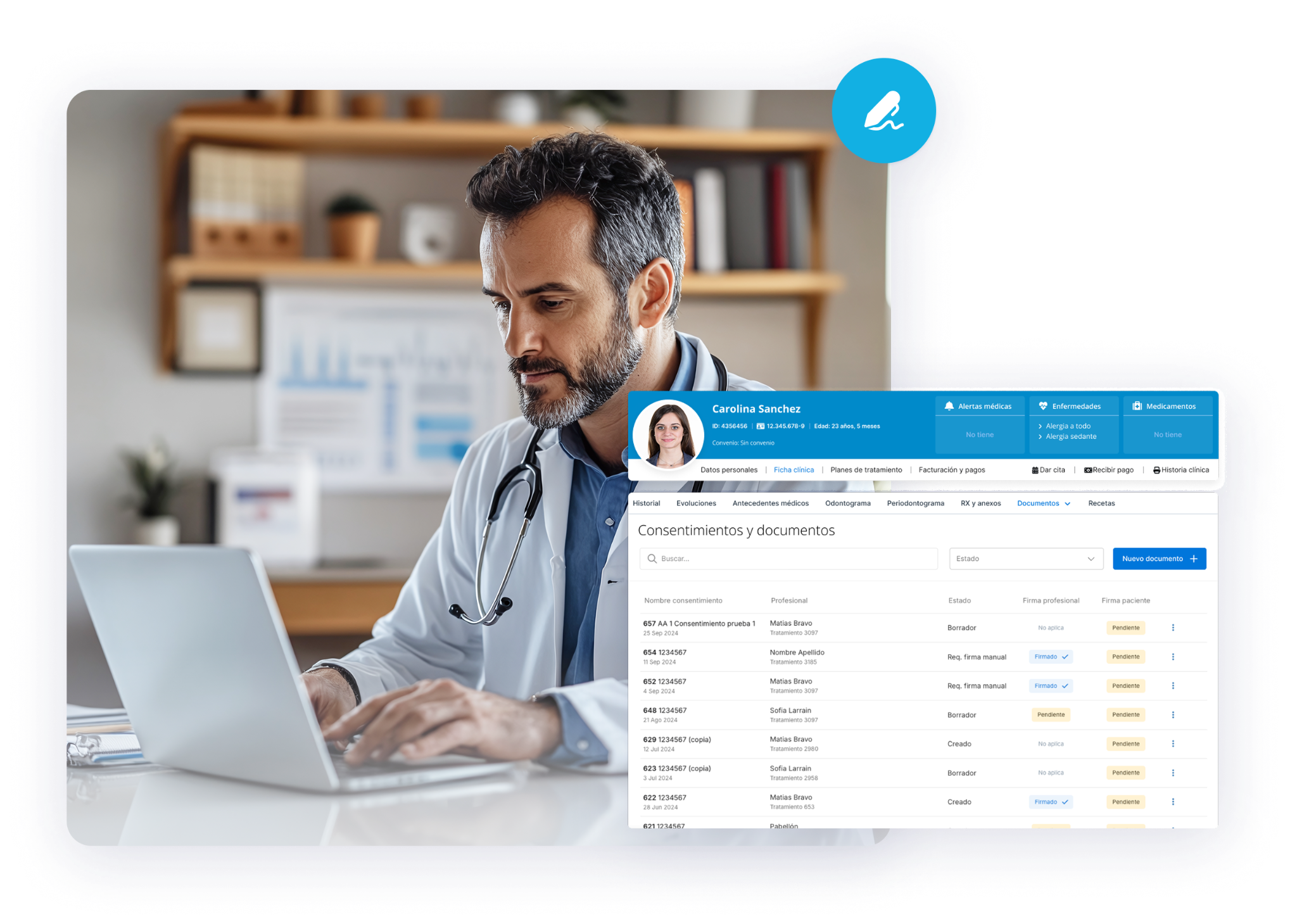 Médico firmando documentos clínicos digitalmente desde Medilink sin papel