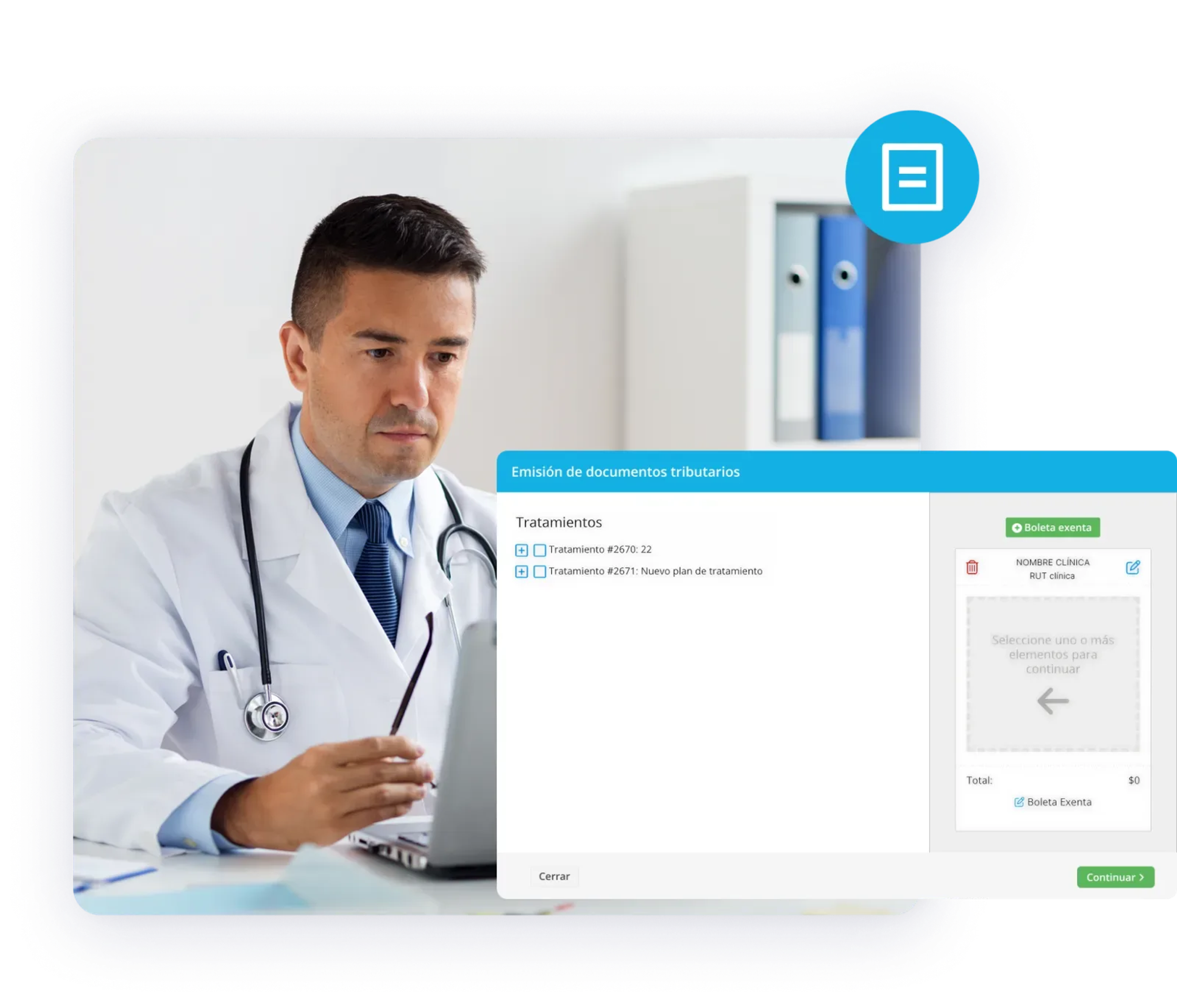 Pantalla de Medilink mostrando integración con facturación electrónica