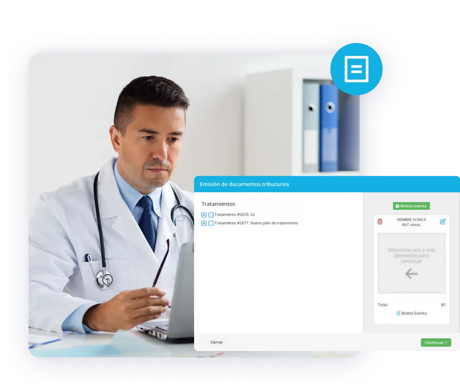 Pantalla de Medilink mostrando integración con facturación electrónica