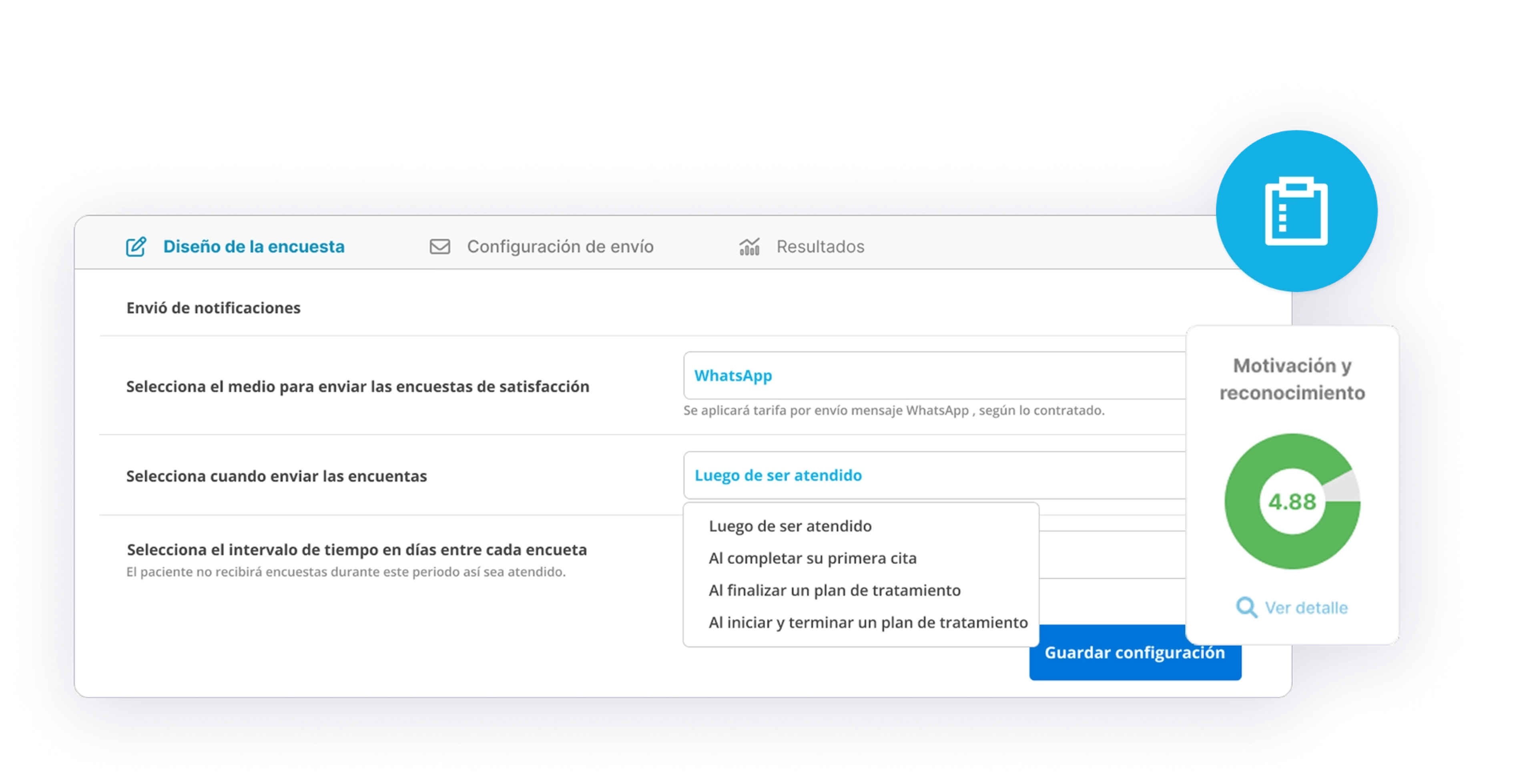 Interfaz de creación de encuestas de satisfacción personalizadas en Medilink