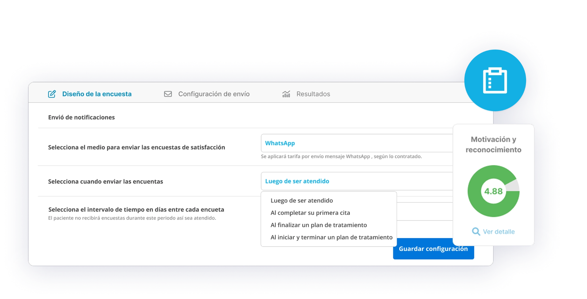Interfaz de creación de encuestas de satisfacción personalizadas en Medilink