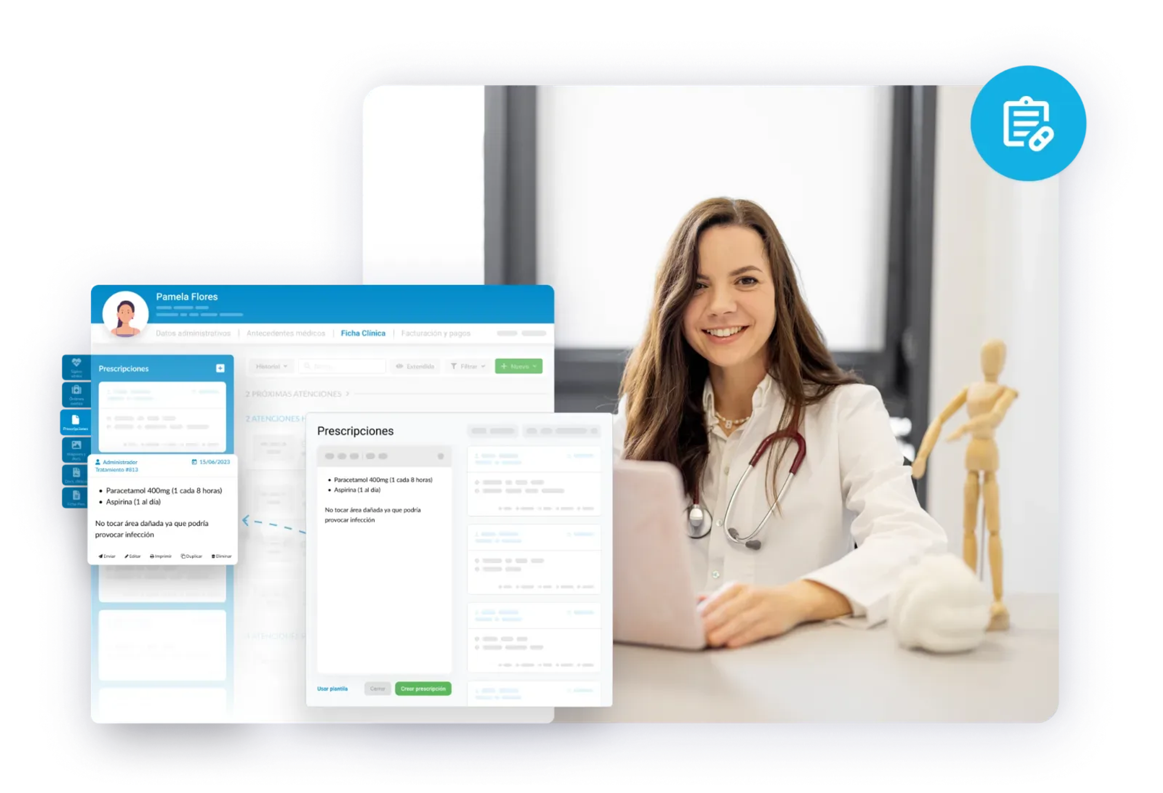 Médico usando vademécum digital integrado en el software para prescribir