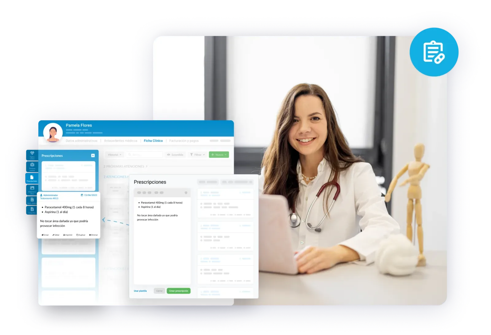 Médico usando vademécum digital integrado en el software para prescribir