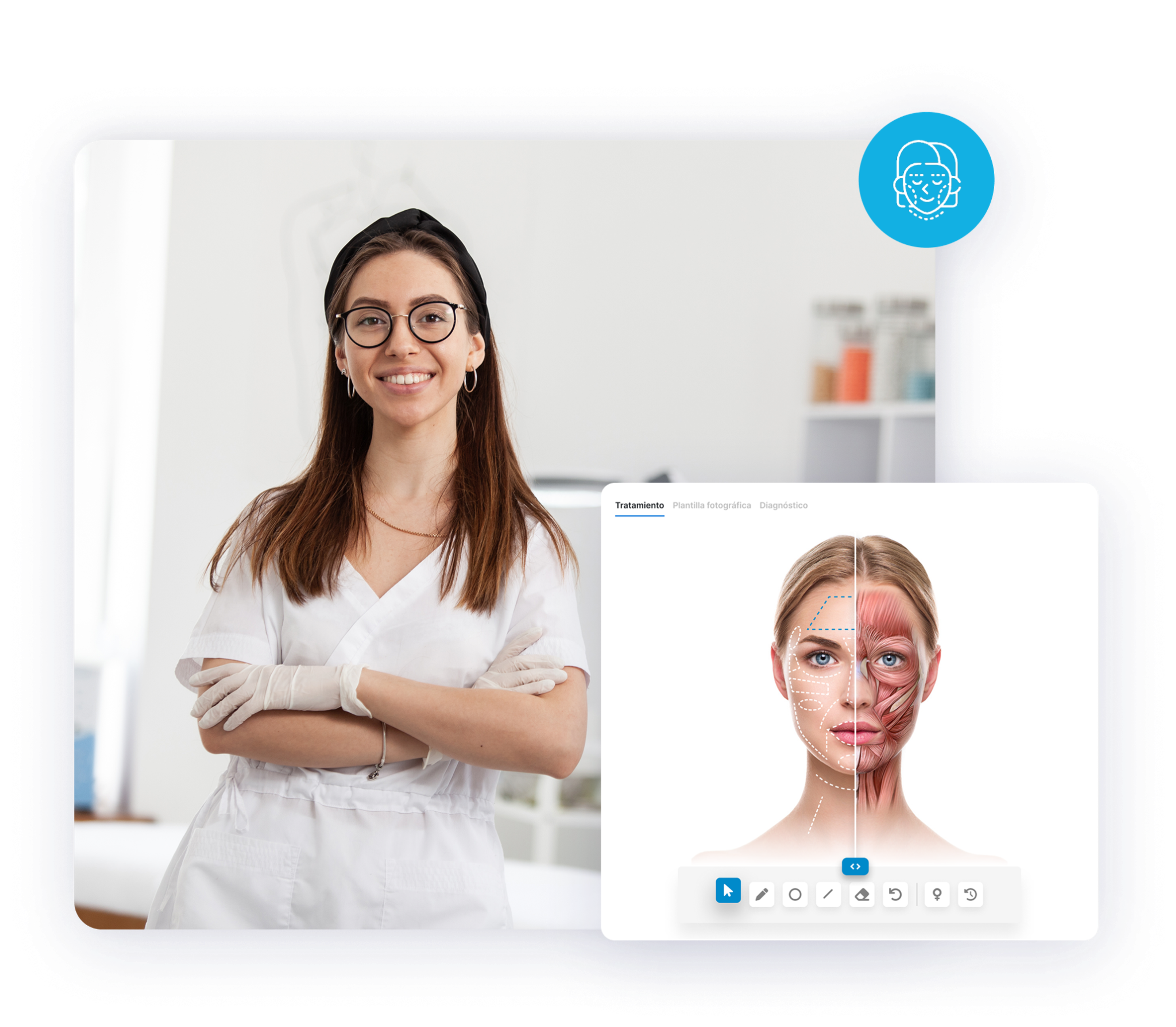 Esquema facial interactivo con zonas y músculos de la cara