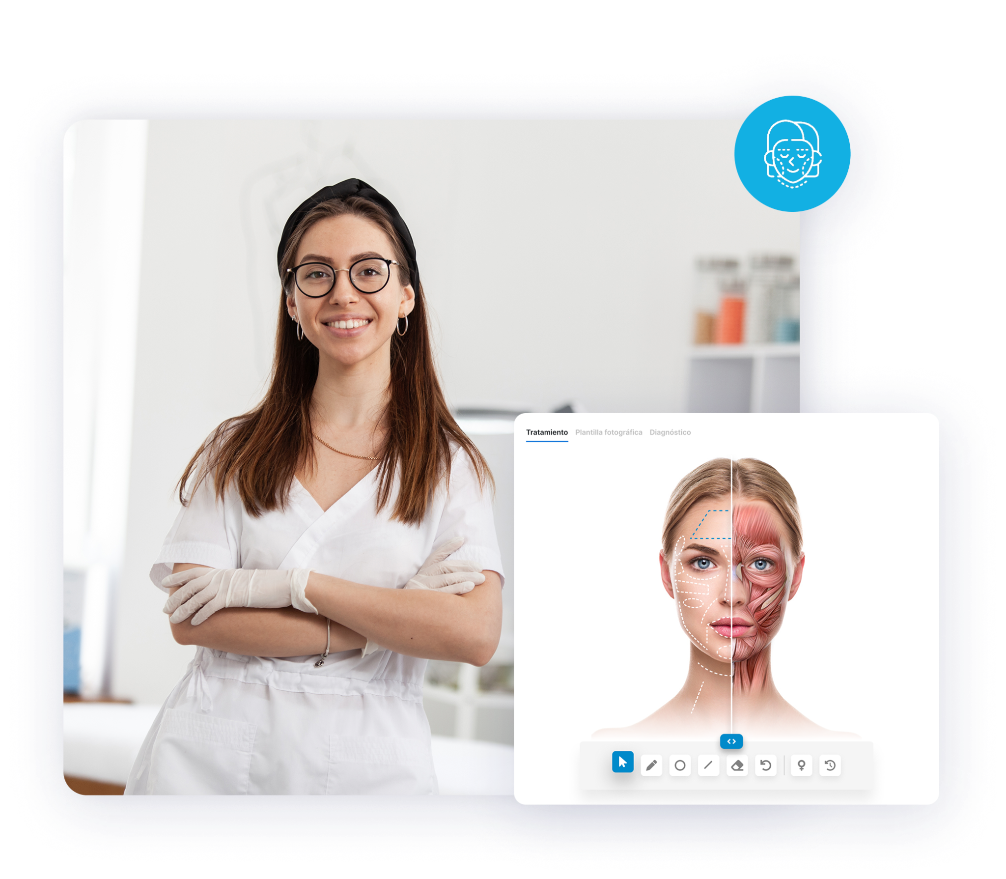 Esquema facial interactivo con zonas y músculos de la cara