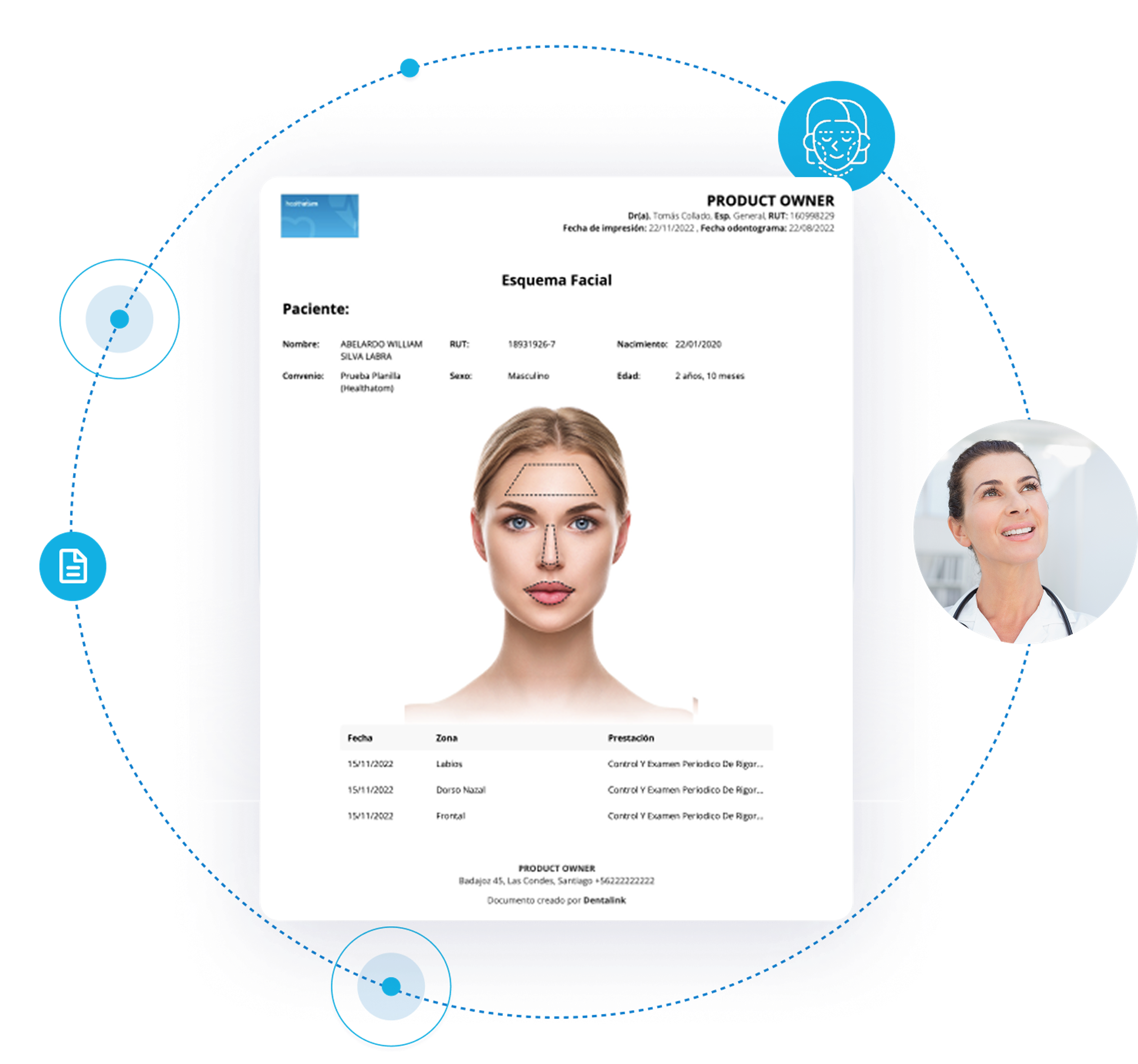 Ficha estética facial con esquema interactivo en Medilink