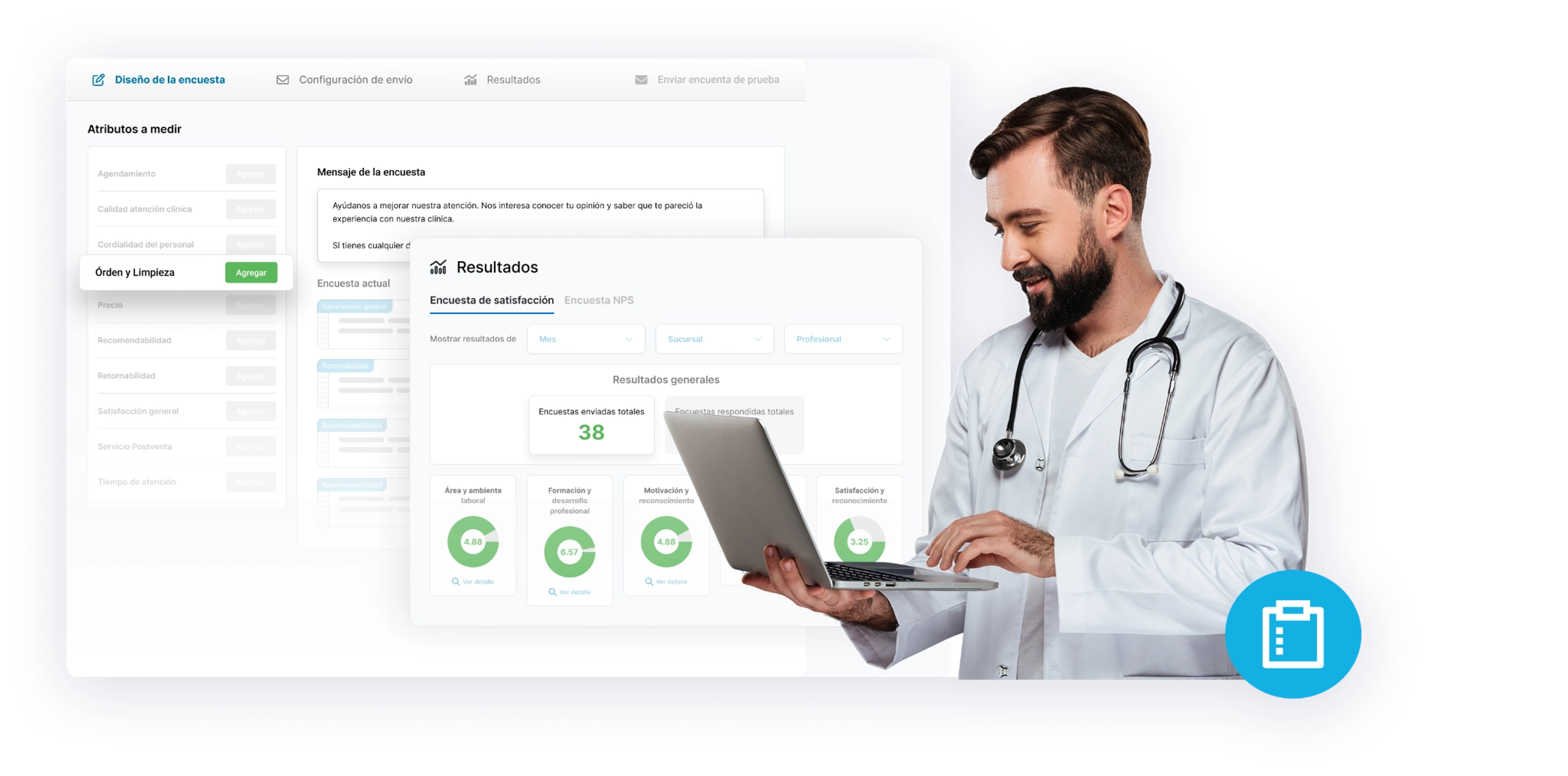 pantalla de encuestas de satisfacción de pacientes en Medilink