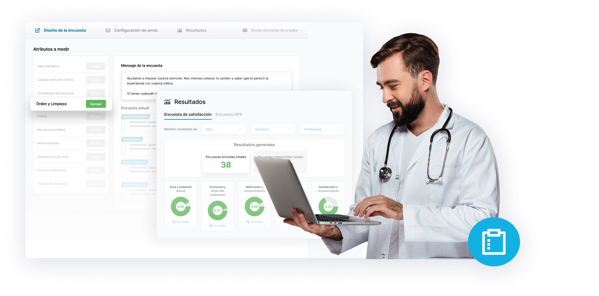 pantalla de encuestas de satisfacción de pacientes en Medilink