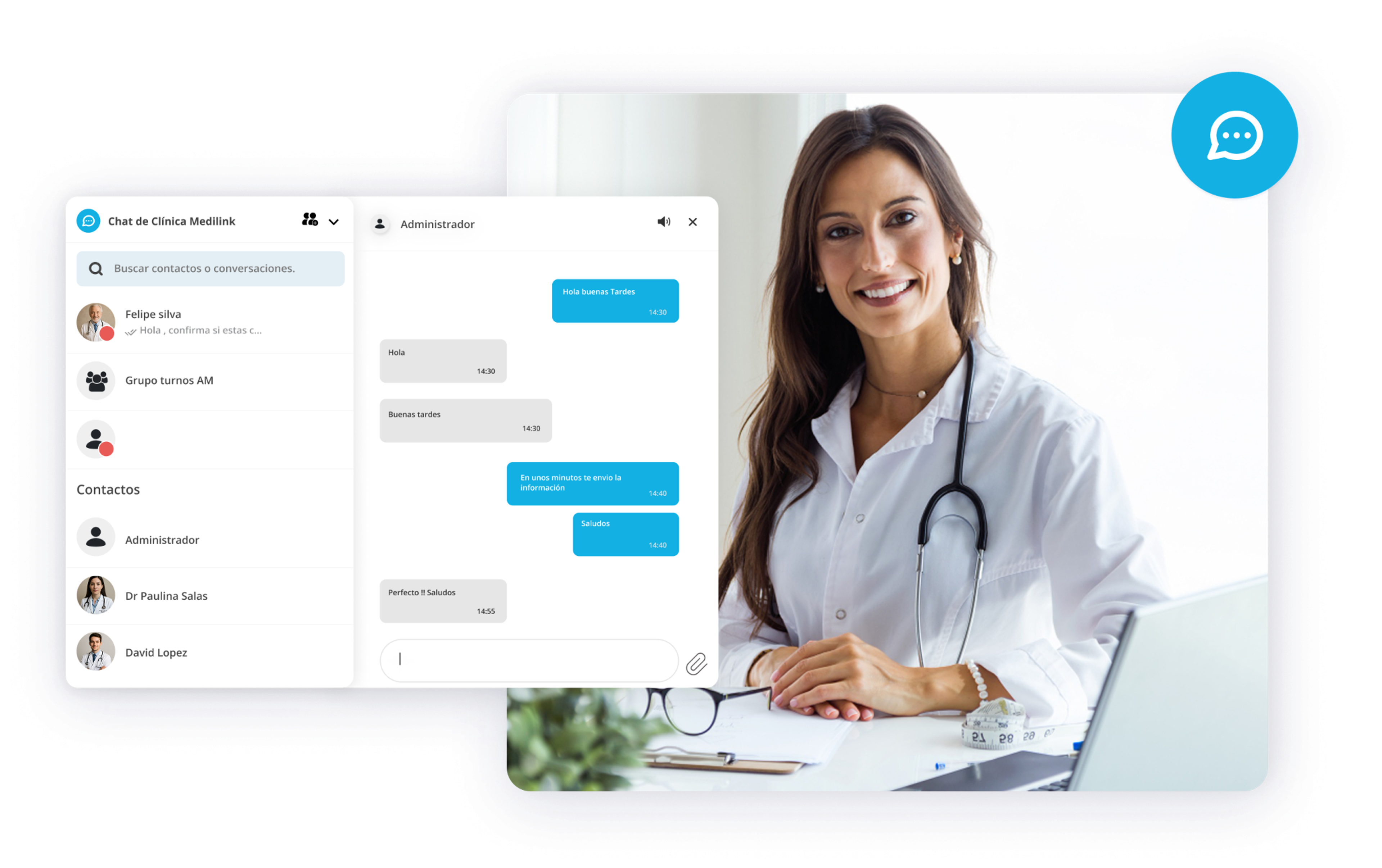 Chat interno de Medilink para comunicación del equipo clínico y administrativo