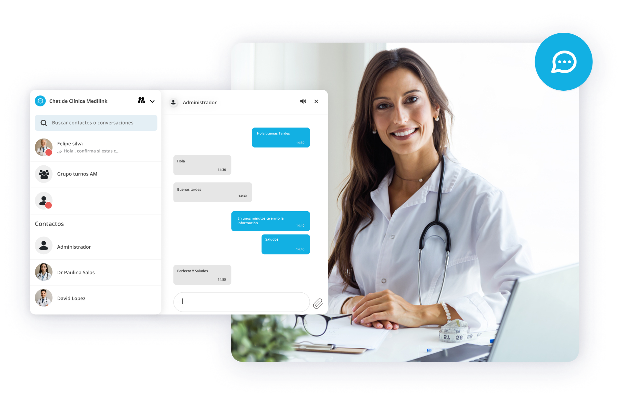 Chat interno de Medilink para comunicación del equipo clínico y administrativo