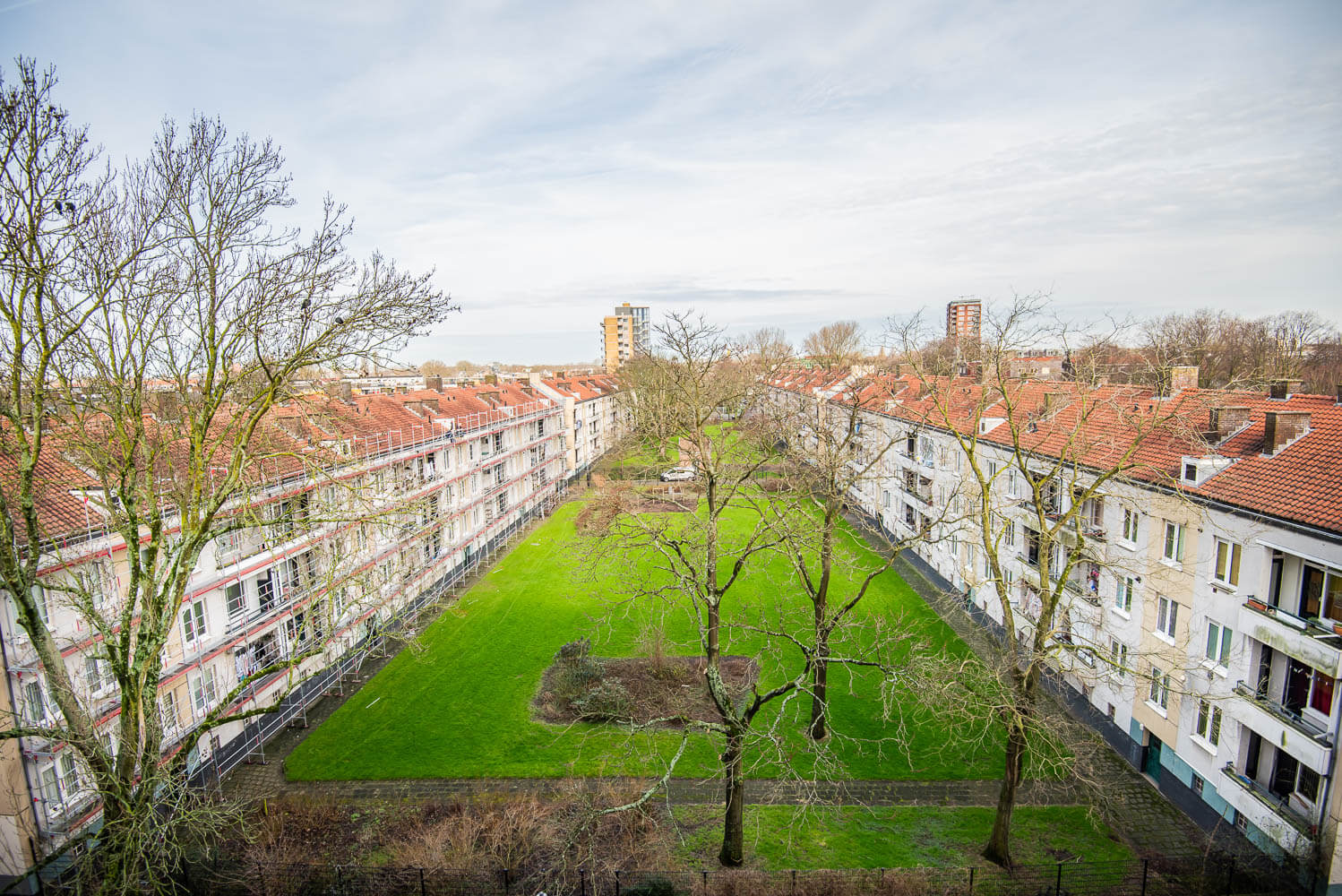 Binnentuin tussen woonblokken aan de Speelmanstraat in Rotterdam