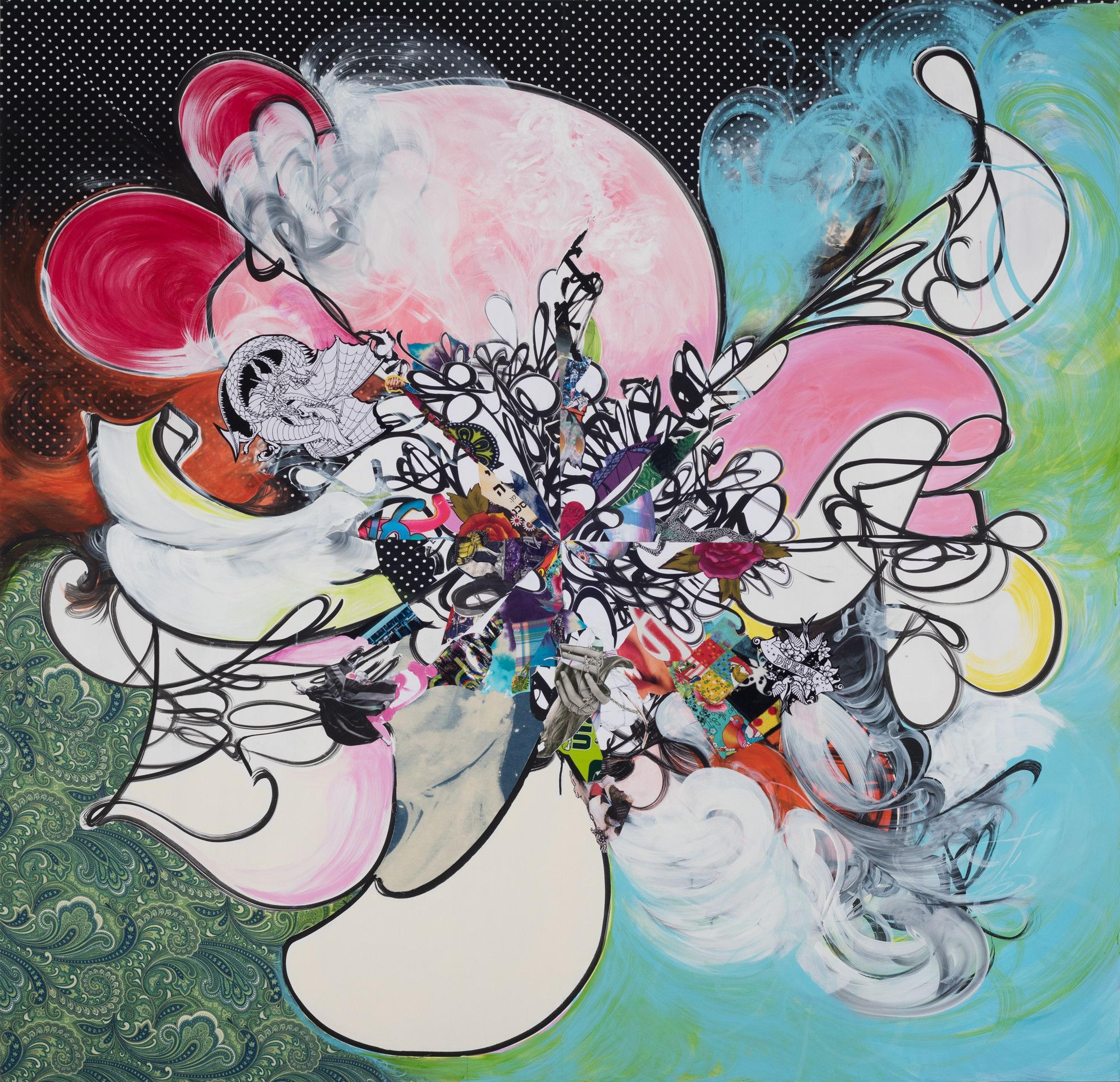 Shinique Smith (American, born 1971). Gravity of Love, 2013. Ink, acrylic, paper, and fabric collage on wood panel, 84 × 84 × 21/4 in. (213.4 × 213.4 × 5.7 cm). Brooklyn Museum; Alfred T. White Fund, 2013.29.1. © Shinique Smith. (Photo: Brooklyn Museum)