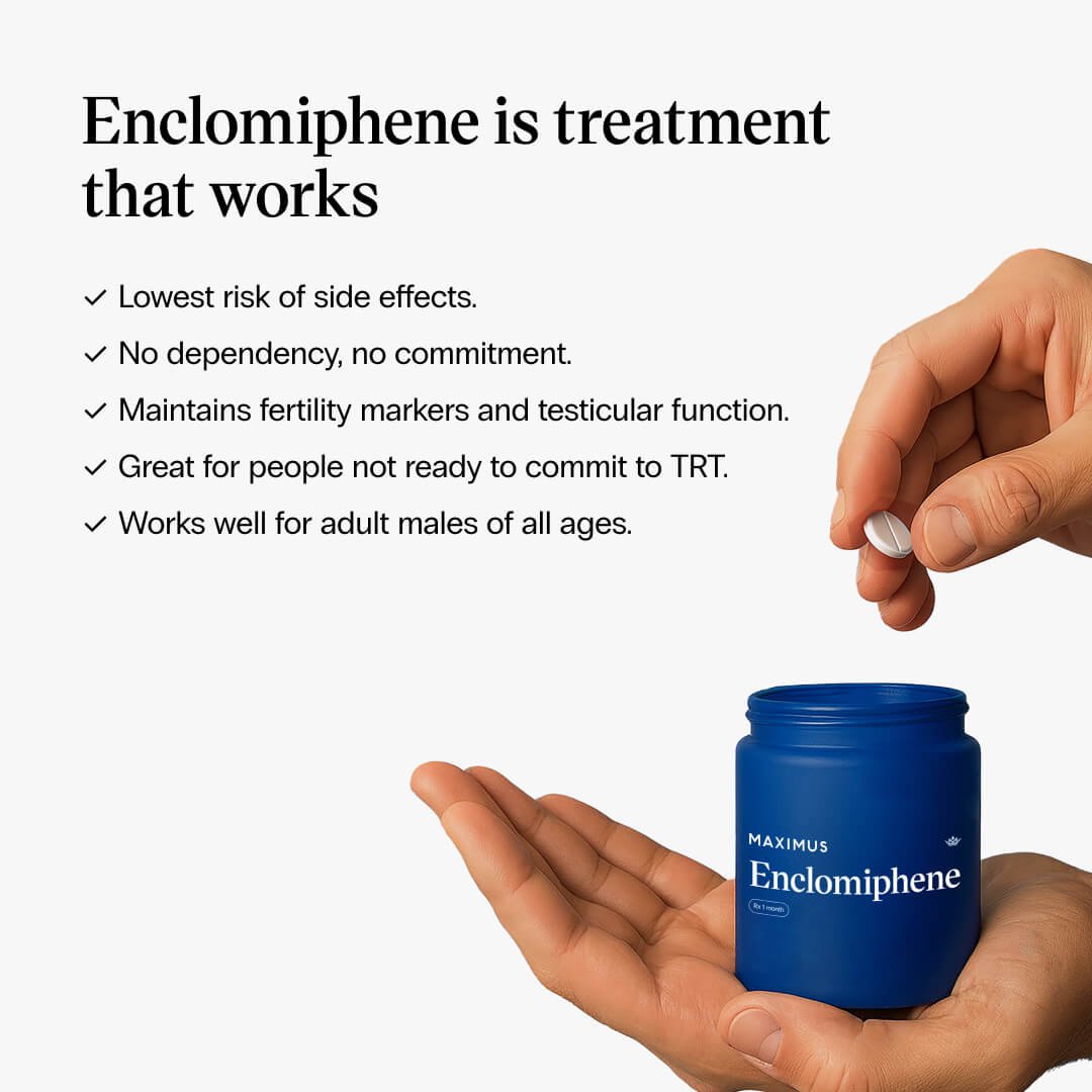 Benefits of Enclomiphene with image of satisfied customer