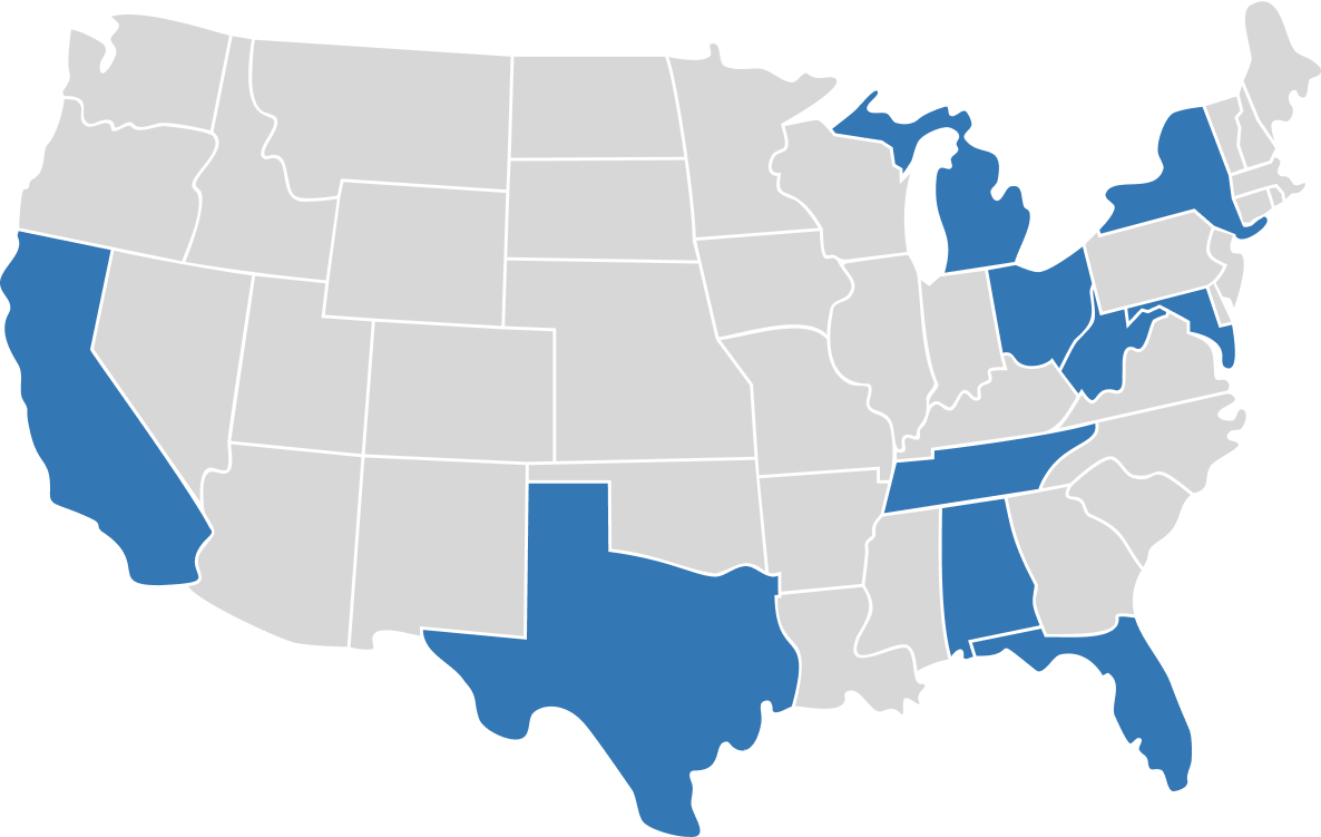 available in CA, FL, MD, MI, OH, TN, TX, NY, WV, AL