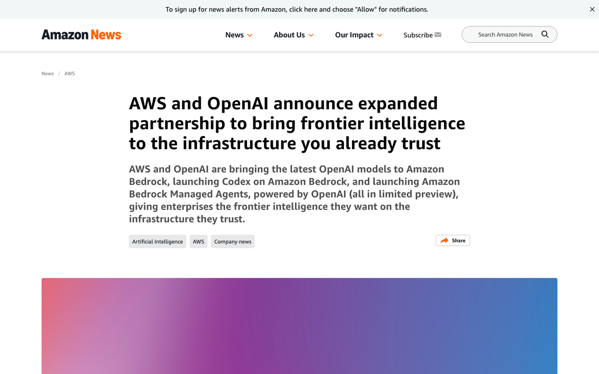 Amazon News announcement headline reading 'AWS and OpenAI announce expanded partnership to bring frontier intelligence to the infrastructure you already trust' with subhead about Bedrock, Codex, and Managed Agents in limited preview