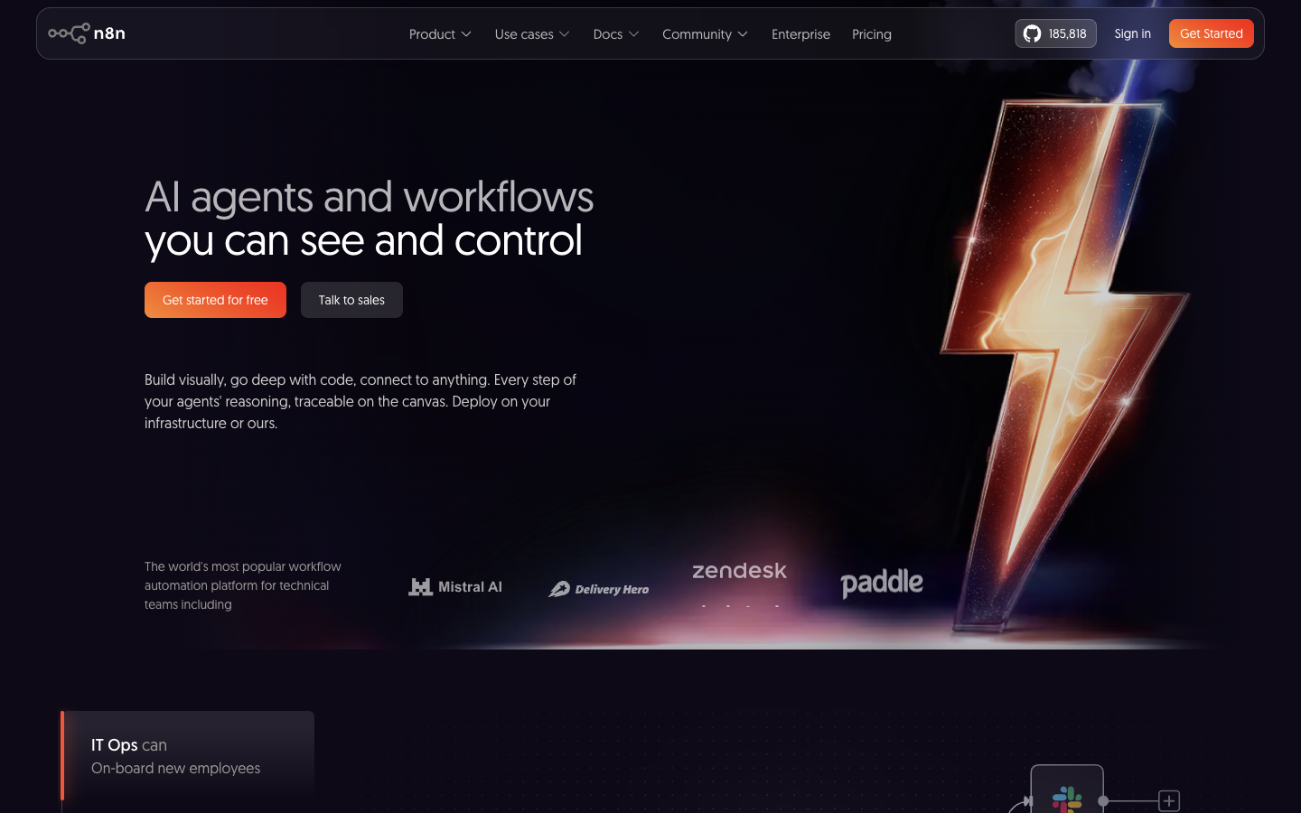 n8n homepage showing the workflow automation platform that lets developers connect AI agents to apps via low-code visual interface