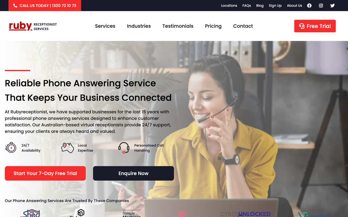 Ruby Receptionist Australia homepage showing professional virtual receptionist services with custom call answering and live chat