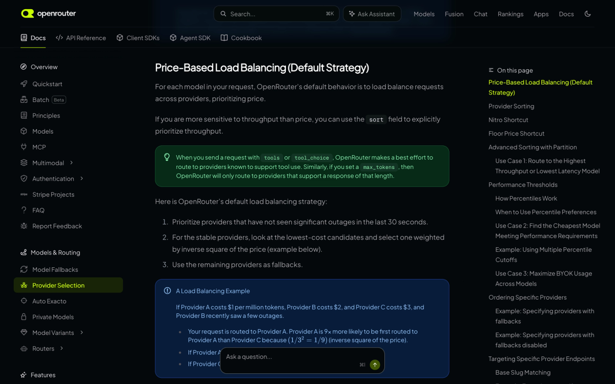 OpenRouter documentation page titled Price-Based Load Balancing (Default Strategy) listing the three step routing rule including selection weighted by inverse square of the price and the $1, $2, $3 provider example