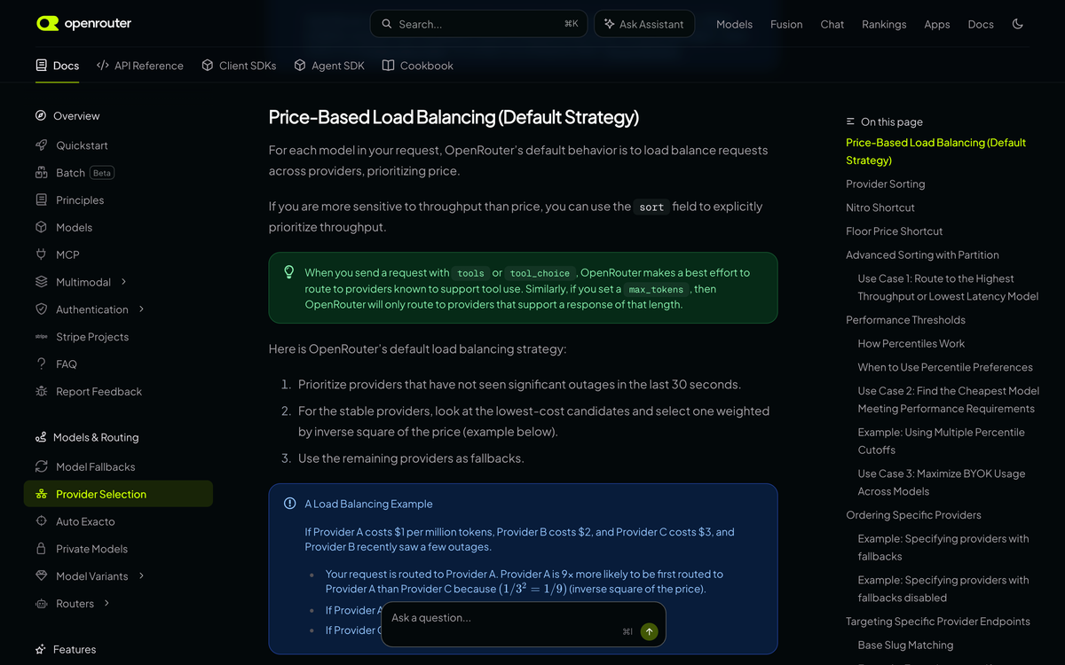 OpenRouter documentation page titled Price-Based Load Balancing (Default Strategy) listing the three step routing rule including selection weighted by inverse square of the price and the $1, $2, $3 provider example