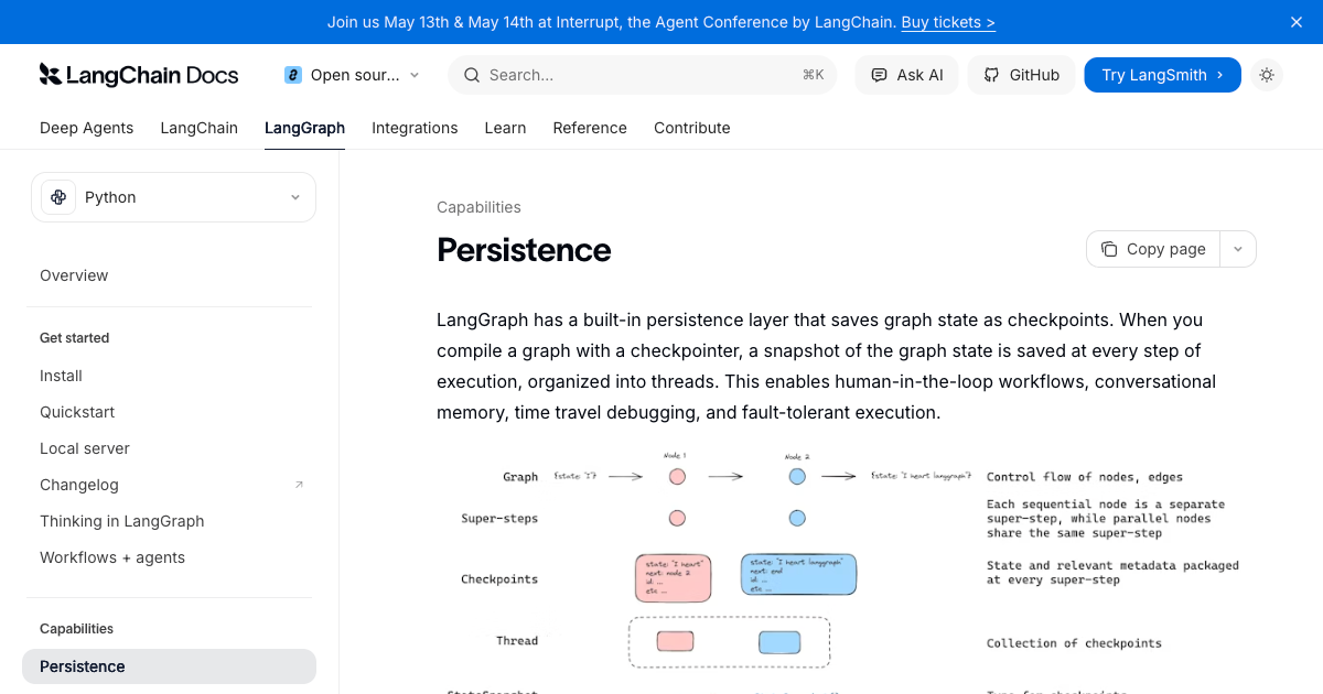 LangGraph persistence documentation showing how checkpointers maintain state across agent steps and sessions