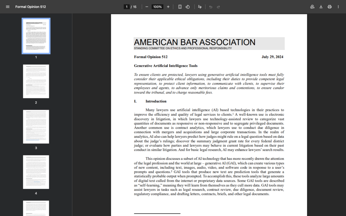 First page of ABA Formal Opinion 512 on Generative Artificial Intelligence Tools dated July 29 2024 listing lawyers duties including supervising employees and agents