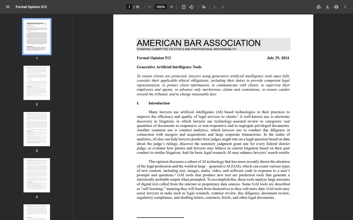 First page of ABA Formal Opinion 512 on Generative Artificial Intelligence Tools dated July 29 2024 listing lawyers duties including supervising employees and agents