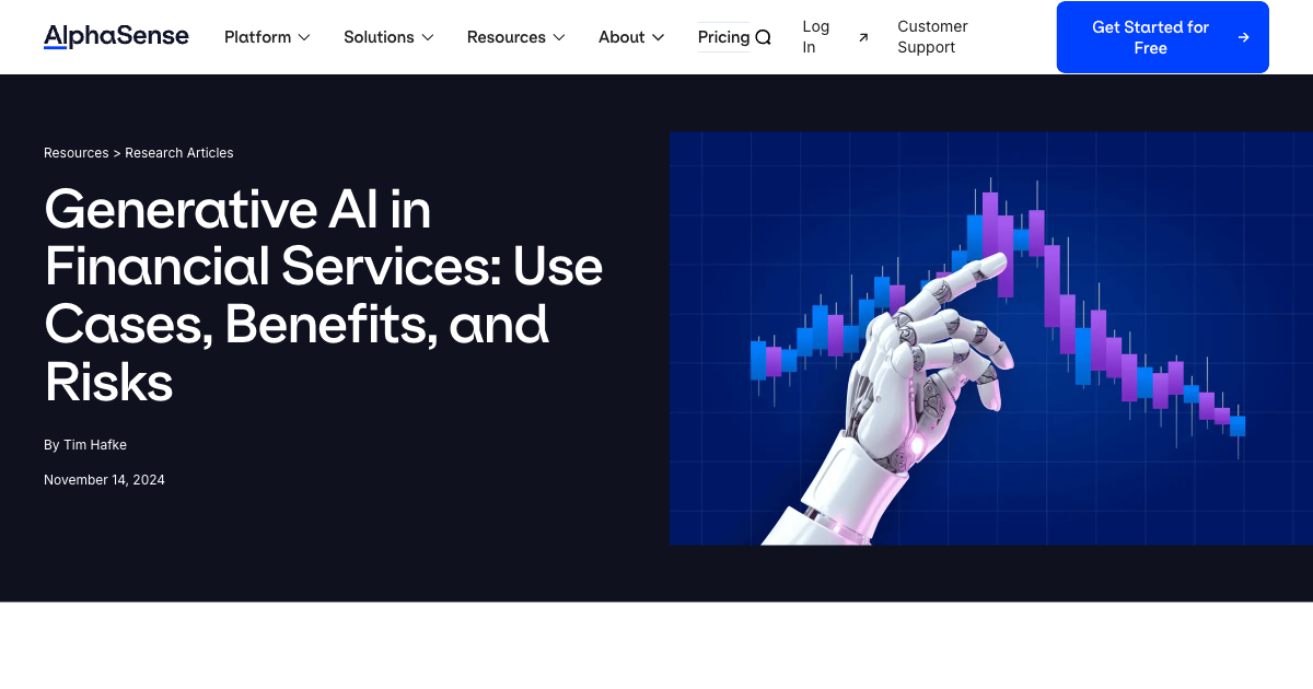 AlphaSense blog post on generative AI in financial services showing use cases benefits and risks for practitioners