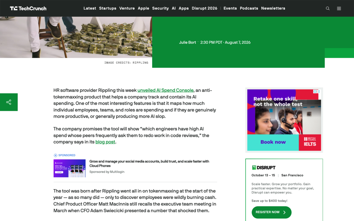 TechCrunch article by Julie Bort dated August 7 2026 reporting on Rippling's AI Spend Console, with Rippling's launch advertisement showing stacks of cash