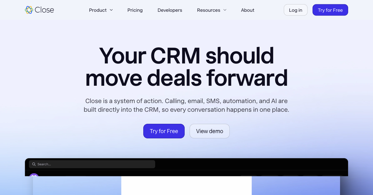 Close.com CRM dashboard showing sales pipeline and lead follow-up tracking for small business sales teams