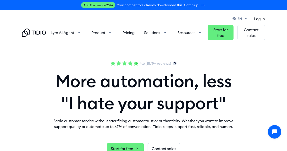 Tidio AI chatbot platform showing the Lyro AI conversation tool for ecommerce customer support