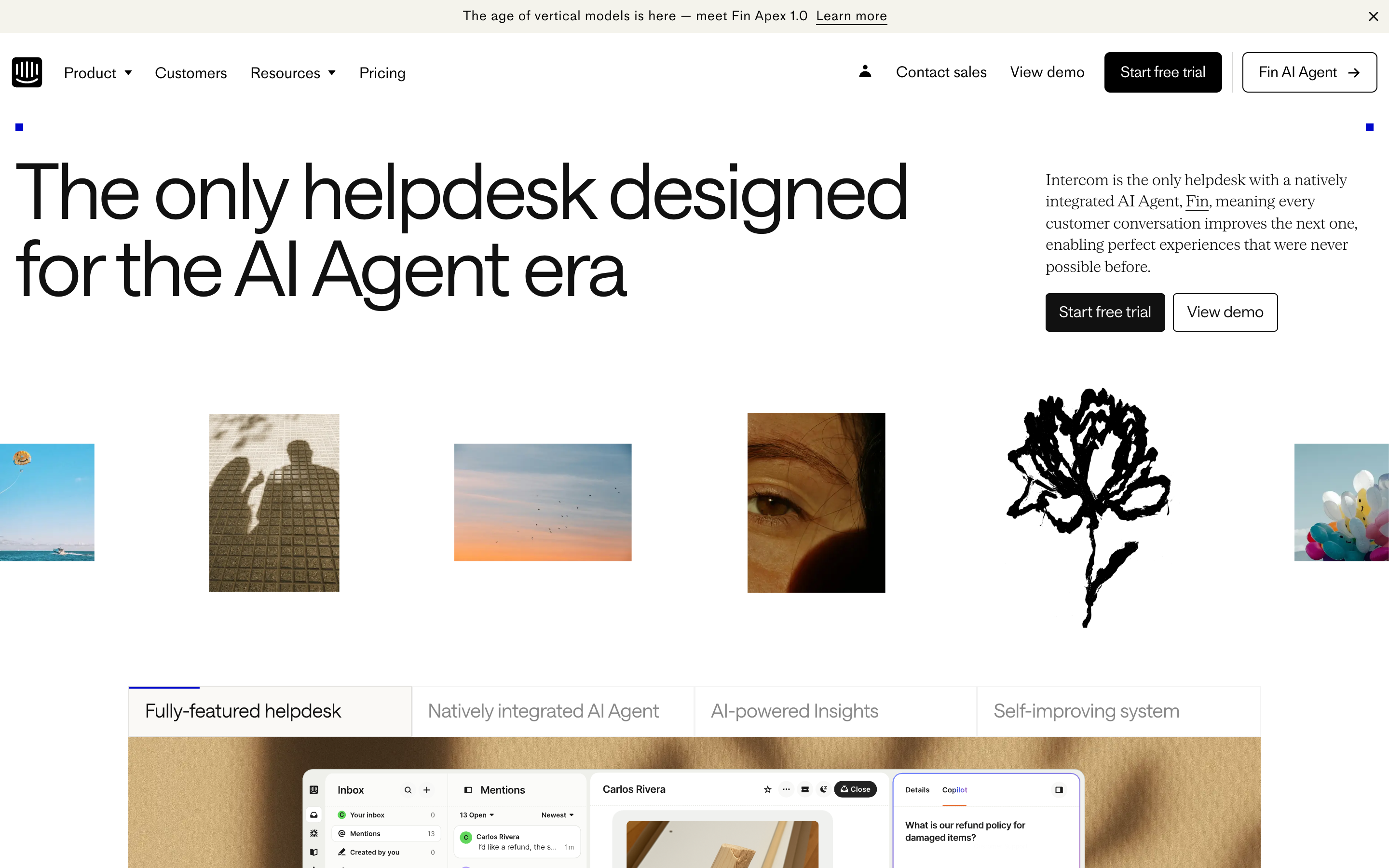 Intercom conversational AI platform homepage showing enterprise AI customer engagement and sales automation
