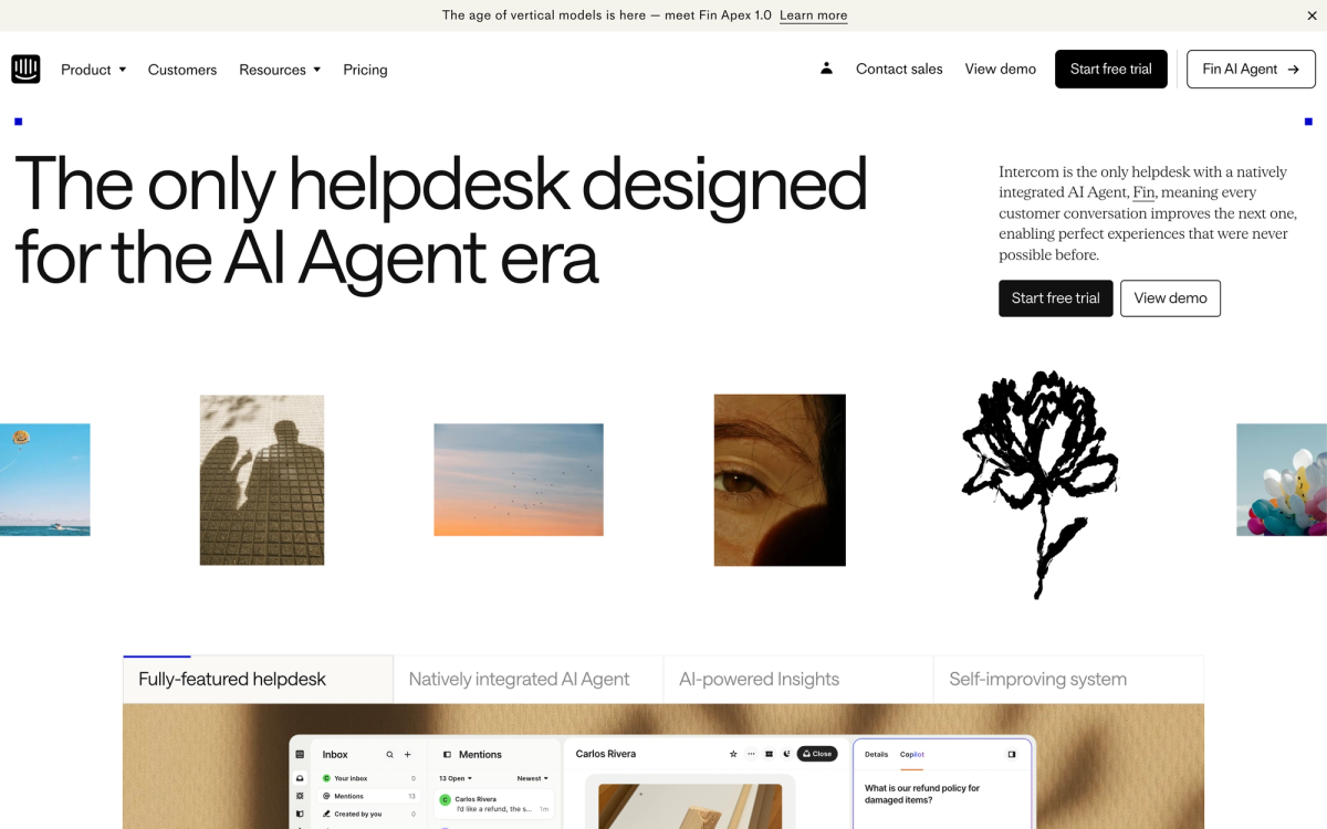 Intercom conversational AI platform homepage showing enterprise AI customer engagement and sales automation
