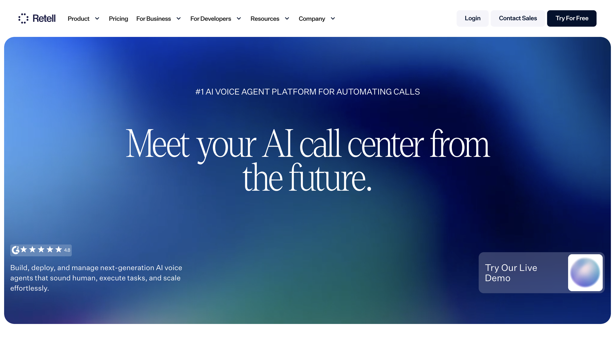 Retell AI platform homepage showing the voice agent builder interface and key value propositions