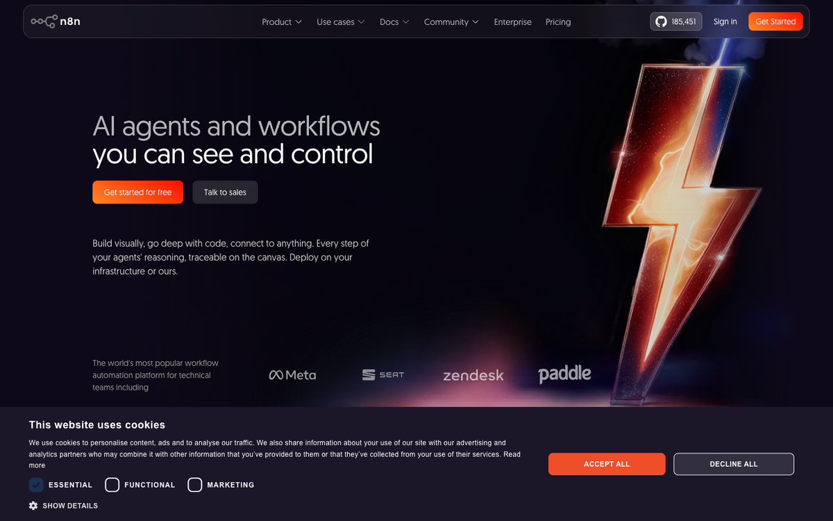 n8n homepage showing AI agents and workflows you can see and control, with enterprise client logos including Meta, Uber, Zendesk and Paddle