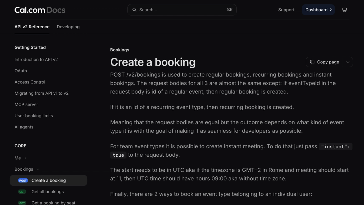 Cal.com API v2 reference page for the POST /v2/bookings endpoint, showing the request body fields used to create a booking