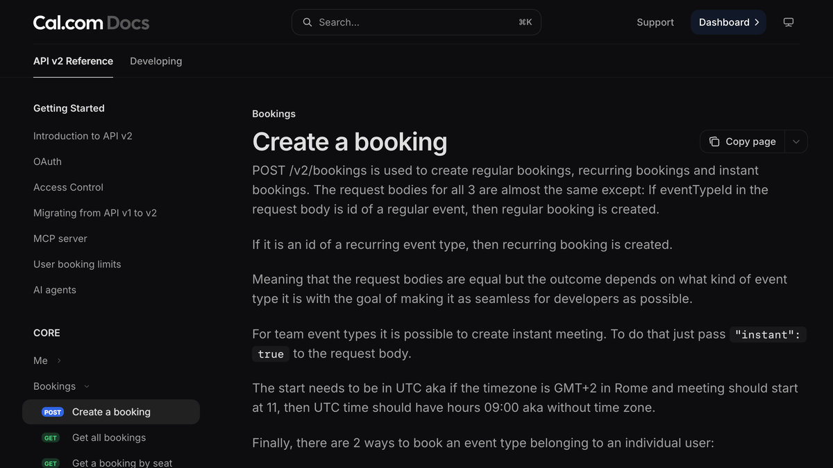 Cal.com API v2 reference page for the POST /v2/bookings endpoint, showing the request body fields used to create a booking