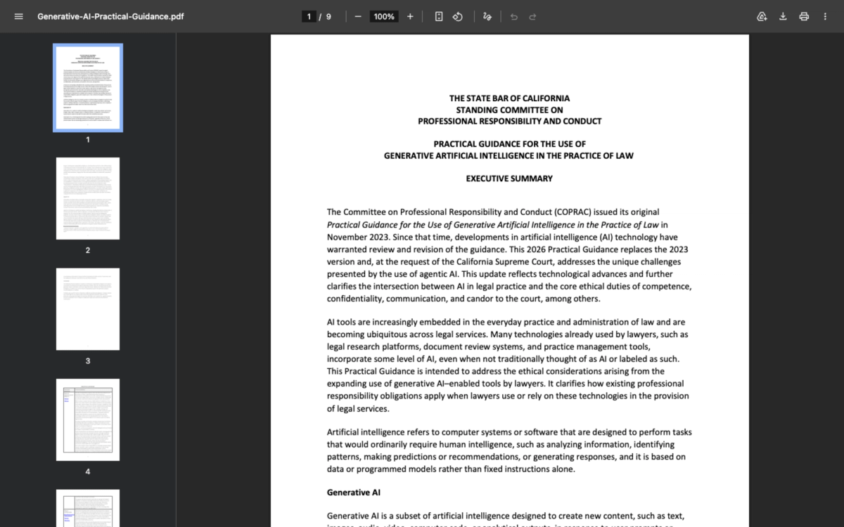Executive summary page of the State Bar of California 2026 Practical Guidance for the Use of Generative Artificial Intelligence in the Practice of Law addressing agentic AI