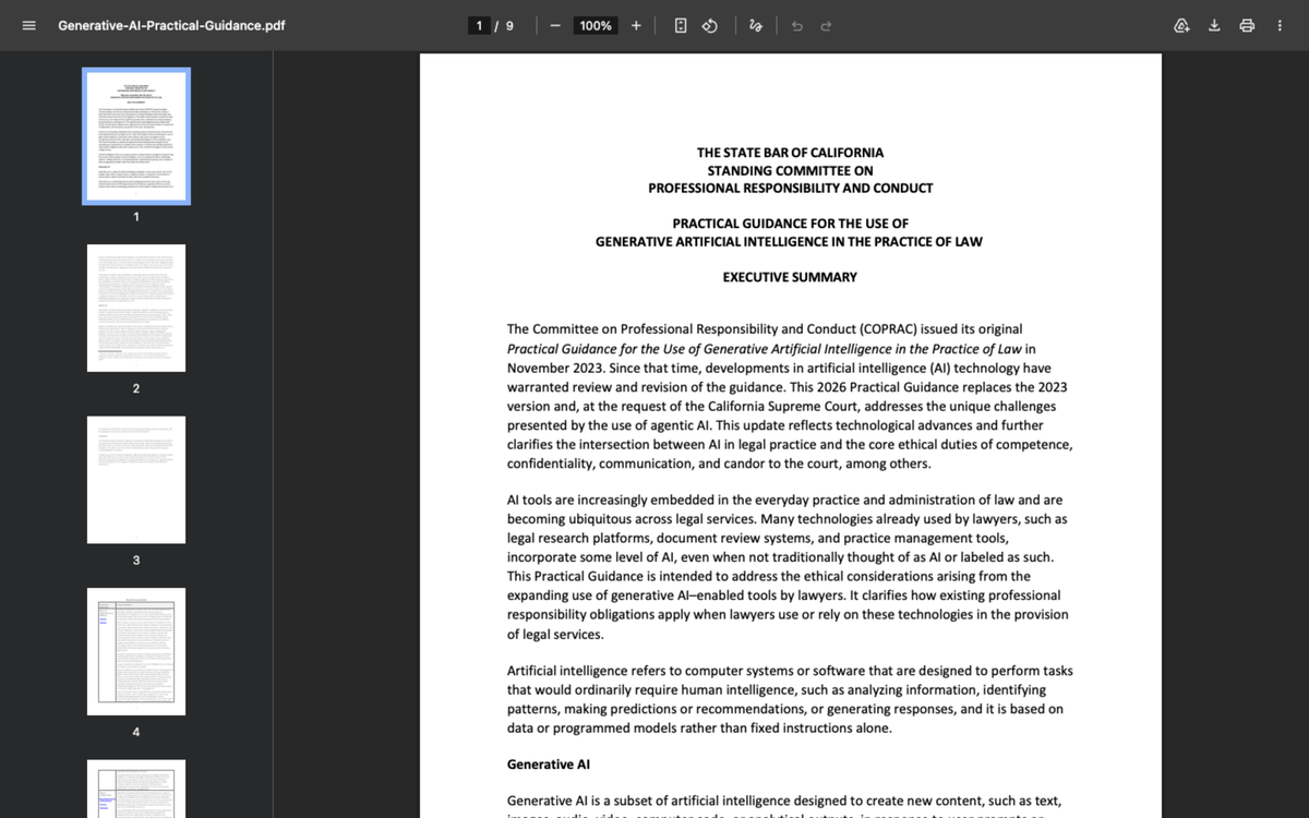 Executive summary page of the State Bar of California 2026 Practical Guidance for the Use of Generative Artificial Intelligence in the Practice of Law addressing agentic AI
