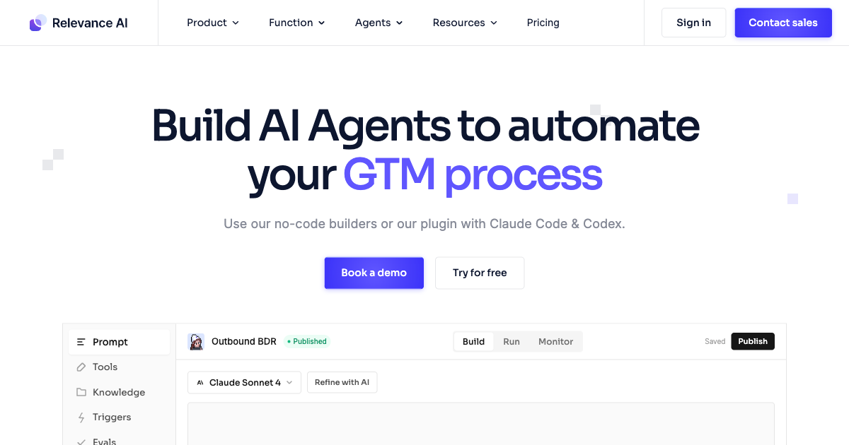 Relevance AI agents platform showing the agent builder interface with tools configuration, BDR agents, and go-to-market workflow templates