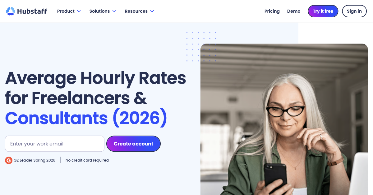 Hubstaff average hourly rates page showing 2026 freelancer rate benchmarks across technology categories including AI and automation