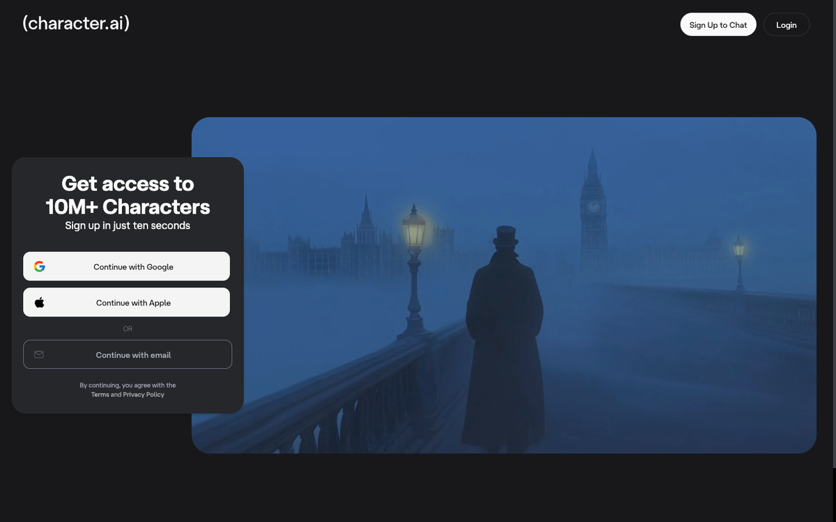 Character.AI homepage showing 10M plus characters available for chat